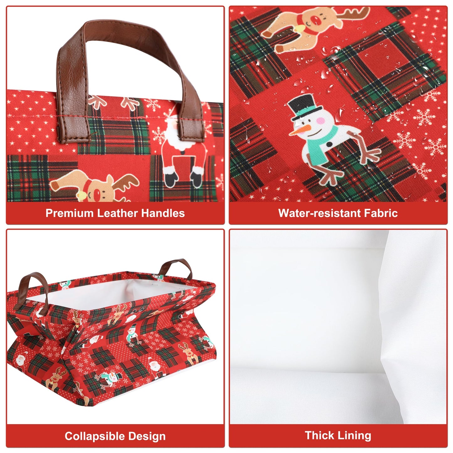 Funnewban Christmas Red Storage Bin Basket Collapsible with Leather Handles Waterproof Canvas Storage Cube Box for Closet Toys Clothes Snowman Santa Room Decor Gift Basket