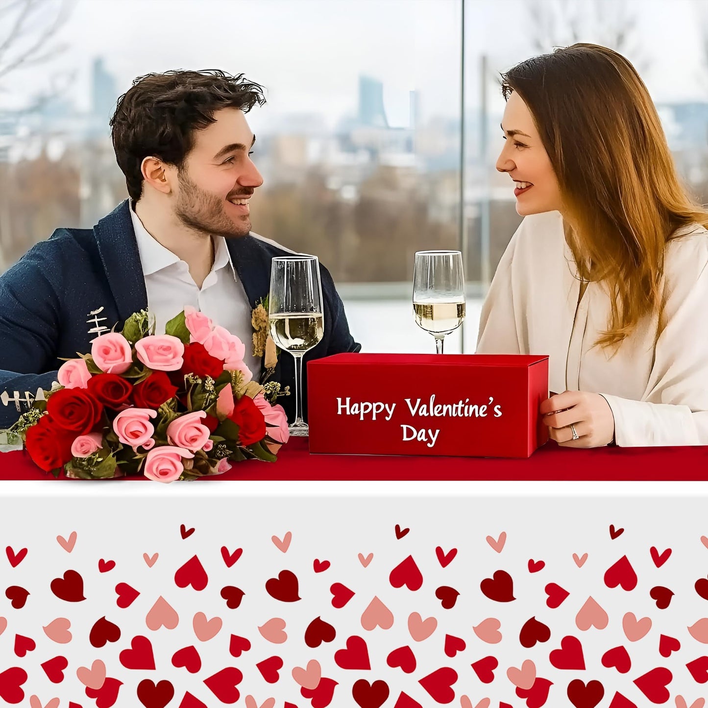 2 Pcs Valentines Day Tablecloths for Valentines Day Decorations,54" x 108" Disposable Plastic Tablecloths,Rectangle Heart Table Cover for Party Decorations Mothers Day Anniversary Birthday