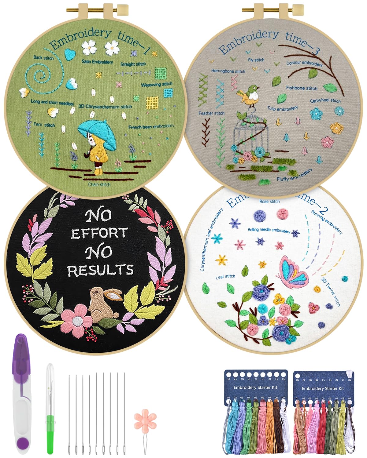 4 Pack Beginner Embroidery Kits for Adults DIY Starter Kit with 33 Stitch Techniques, Stamped Patterns, Embroidery Hoop, Colorful Threads, Tools, Step by Step Instructions & Video Tutorial