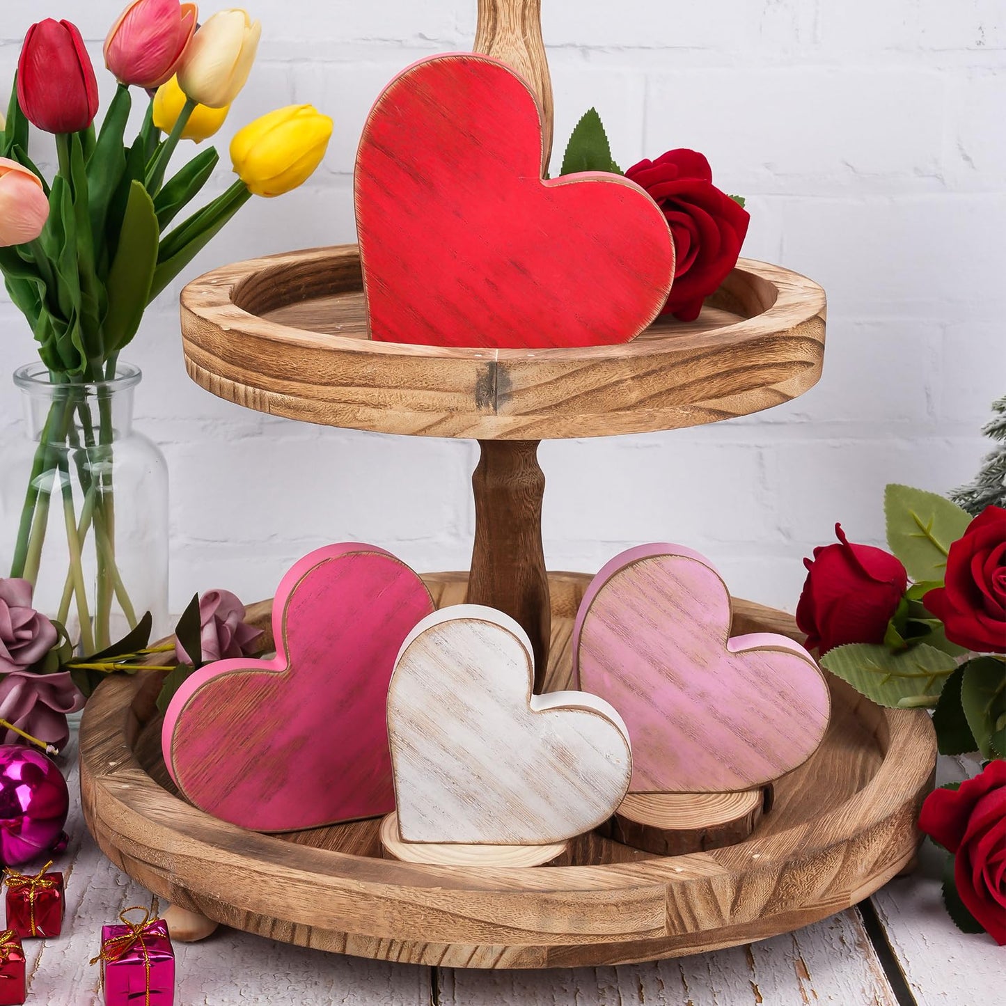 Wooden Hearts Valentines Decorations Indoor, Wood Heart Blocks Tiered Tray Decor Set of 4, Red Pink White Valentine Decoration for Home Party Office Shelf Door (Retro)