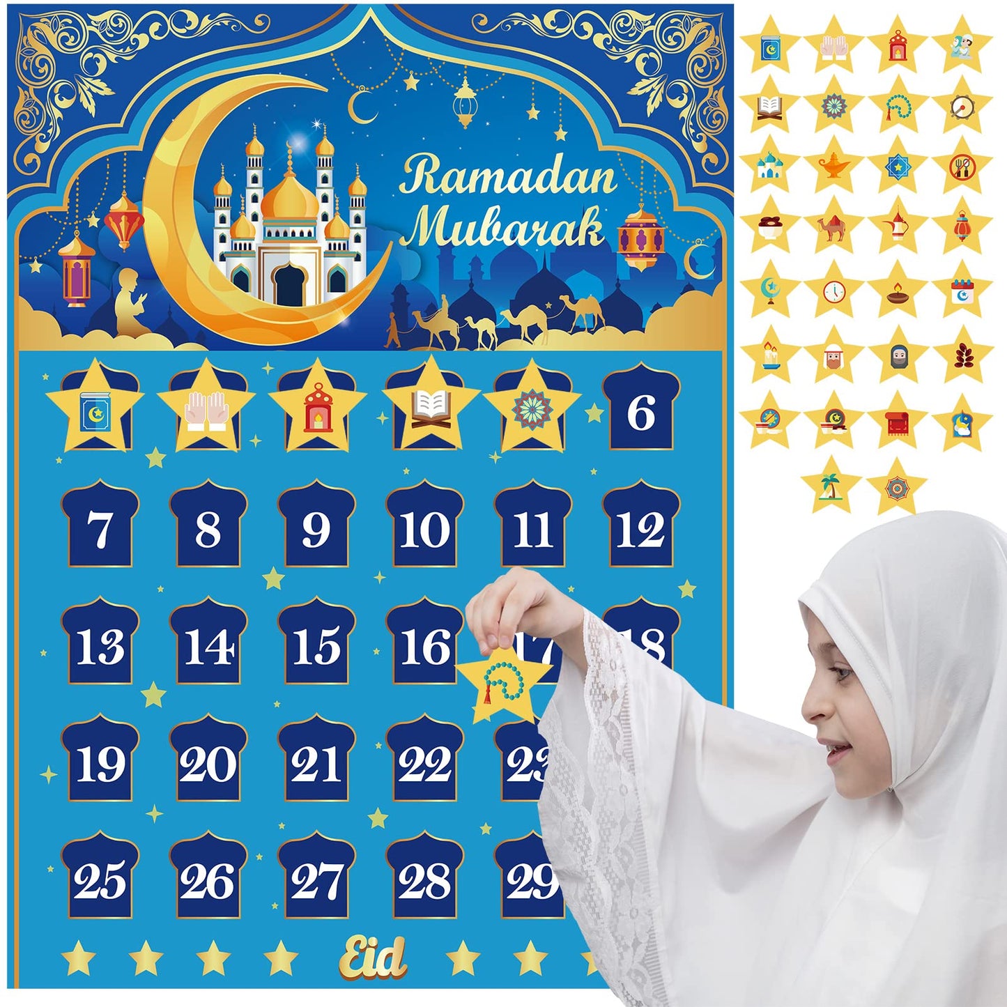 Ramadan Calendar, Eid Mubarak Calendar Countdown for Eid Party Supplies, Ramadan Advent Calendar Poster with 30 Countdown Star Stickers for Ramadan Mubarak Home Wall Decorations