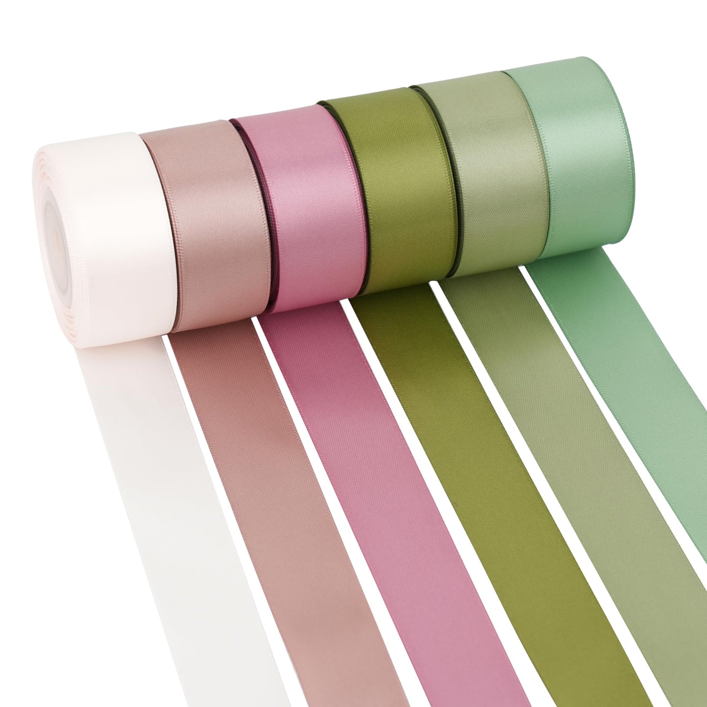 6 Rolls Sage Green and Dusty Rose Ribbon 1 Inch Green Pink Satin Ribbon Blush and Sage Ribbon for Wedding Baby Shower Backdrop Garland Gift Wrapping - 60Yards