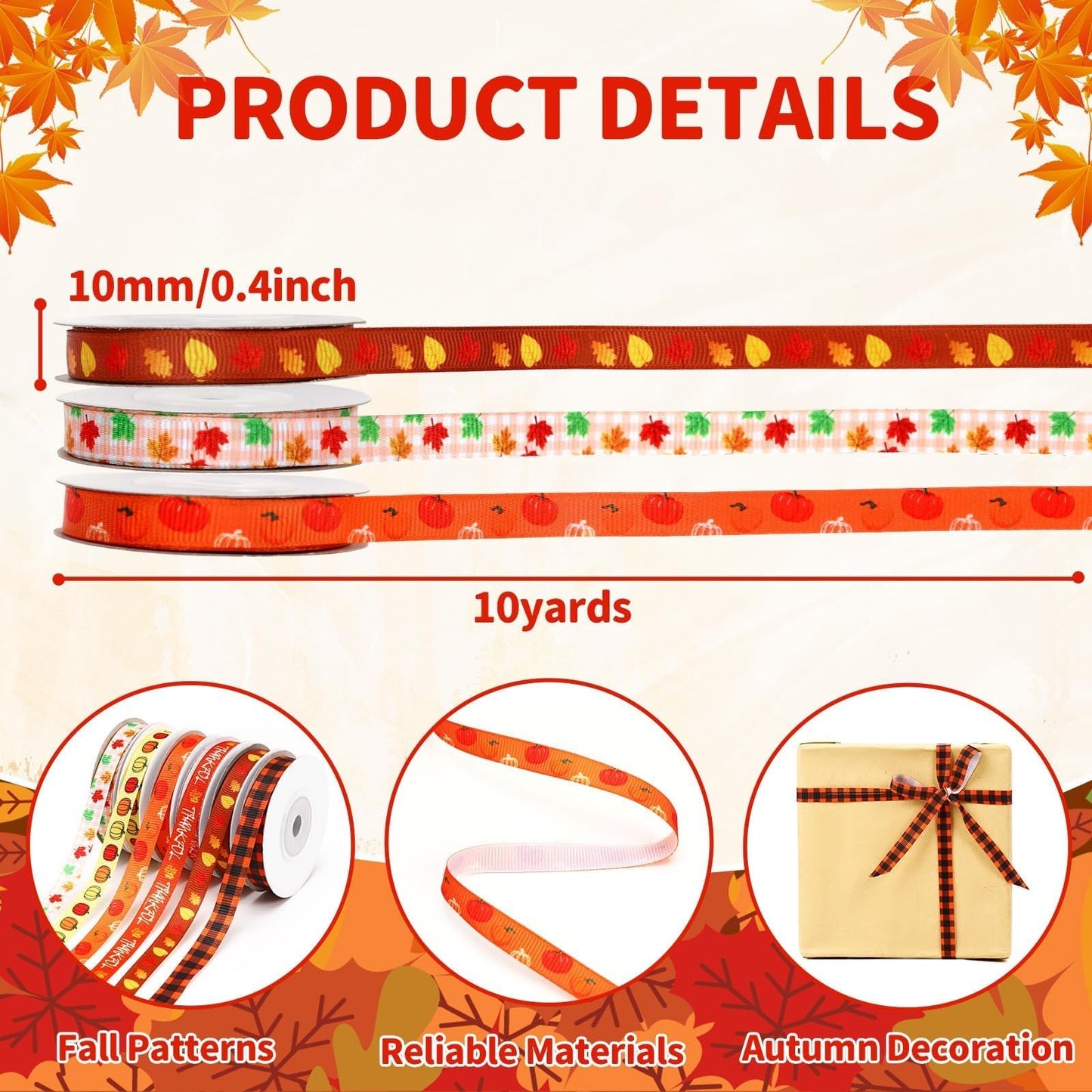 DECYOOL Fall Ribbon, 6 Rolls 60 Yards Autumn Thanksgiving Grosgrain Ribbons 10 mm Wide Orange Pumpkin Maple Leaf Ribbon for Gift Wrapping Bow Wreath