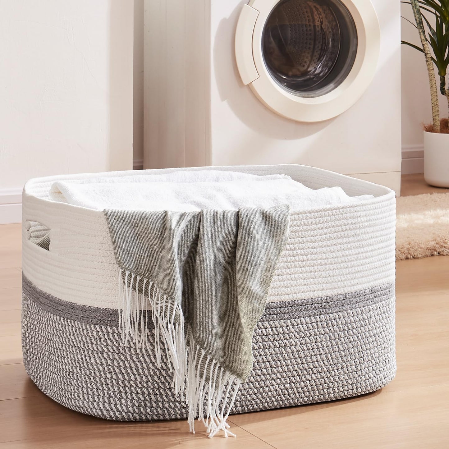 OIAHOMY Extr Large Toy Storage Basket, Rectangle Cotton Rope Storage Basket, Blanket Basket Living Room, Woven Baskets for Organizing, 25 x 16 x 16 Inches-Grey/White