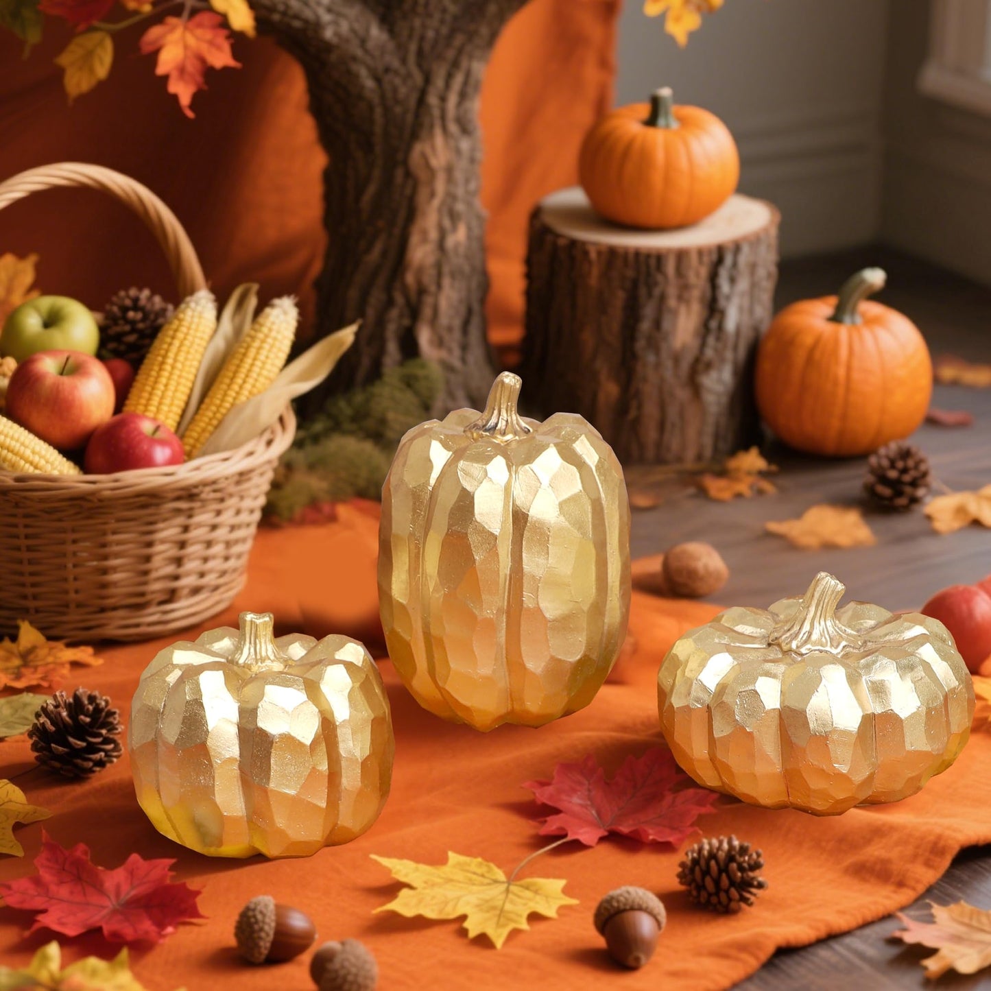 3 Pack Gold Pumpkins Thanksgiving Decorations- Fall Decor for Home, Table, Fireplace Mantel, Office, Elegant Decorative Pumpkin Autumn Indoor Decor