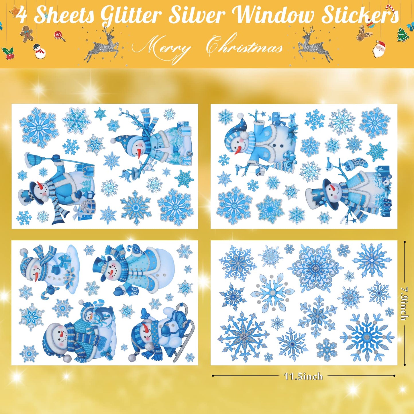 Christmas Window Clings for Glass Snowman Window Stickers Glitter Powder Craft Static Xmas Glitter Window Decals Xmas Snowflake Decals for Christmas Decorations Indoor 4 Sheets