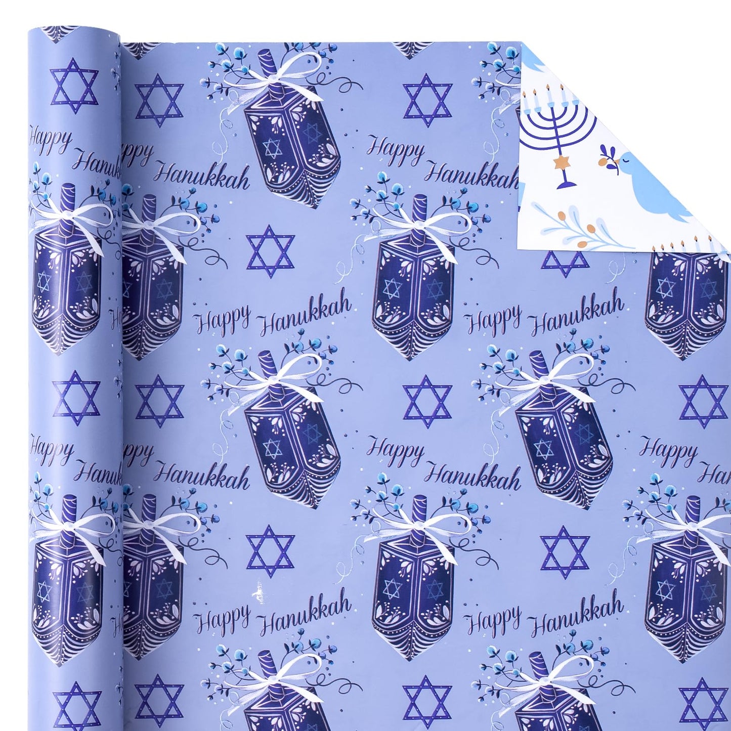 Reversible Hanukkah Wrapping Paper - Mini Roll - 17 Inch x 33 Feet - Dreidels and Menorah Lights Chanukah Wrapping Paper Perfect for Hanukkah, Chanukah, Holiday