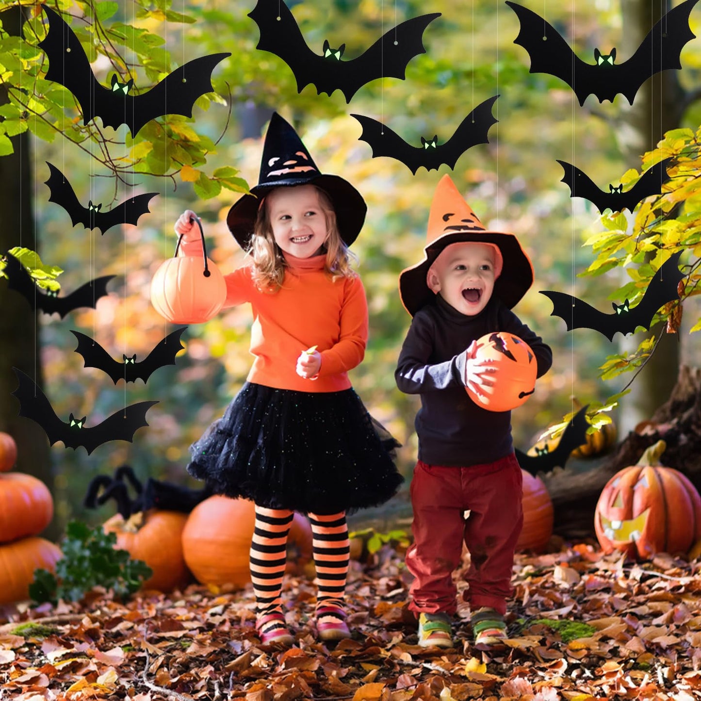 21pcs Halloween Hanging Bats Large Flying Bats Outdoor Decorations Fake Black Bats with Glow in the Dark Eyes for Halloween Outside Tree Yard Porch Decor Supplies