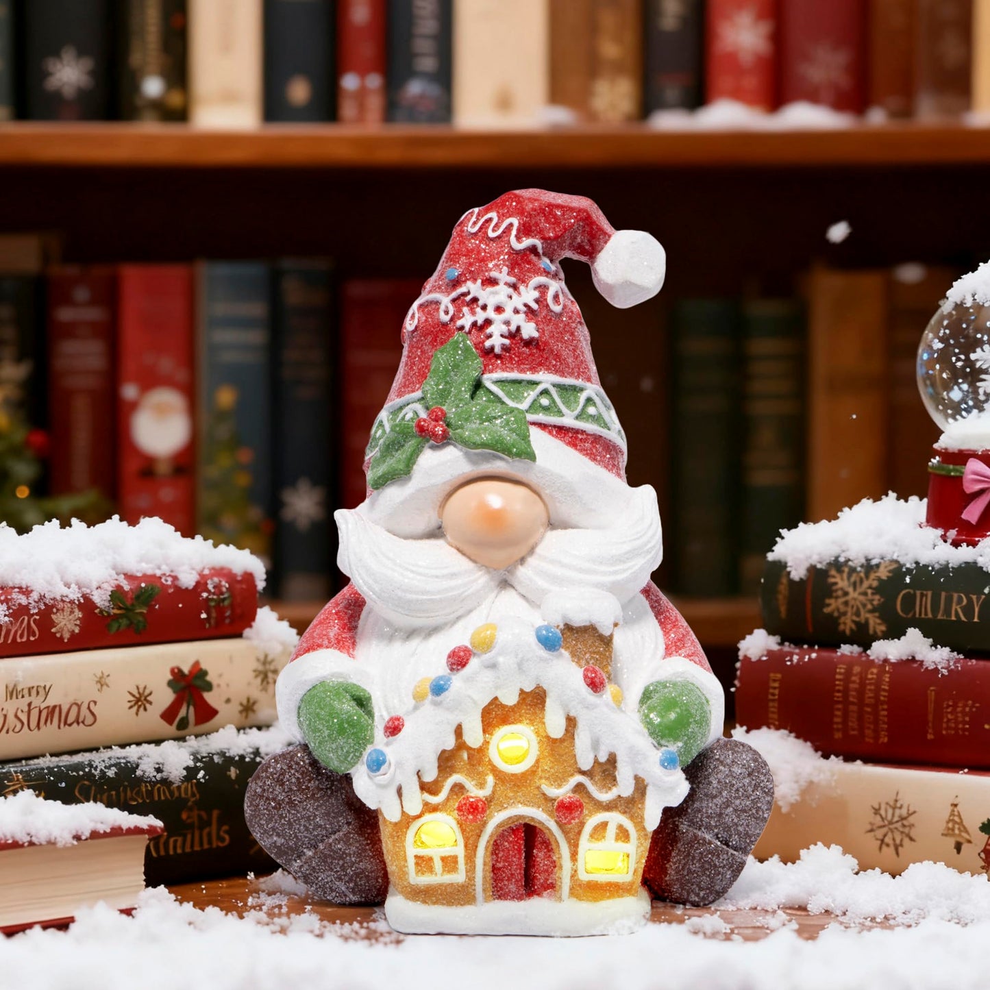 Christmas Gnome Figurine with Gingerbread House | Holiday Elf Decoration with Santa Beard, Snowflake Hat – Christmas Tabletop Ornament for Home, Fireplace Mantel & Holiday Decor