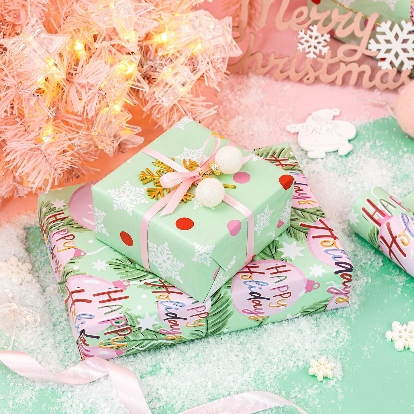 30 Inch Jumbo Reversible Christmas Wrapping Paper - 30 Inch x 33 Feet - Happy Holiday Lettering with Christmas Ball Design for Holiday, Party Celebration