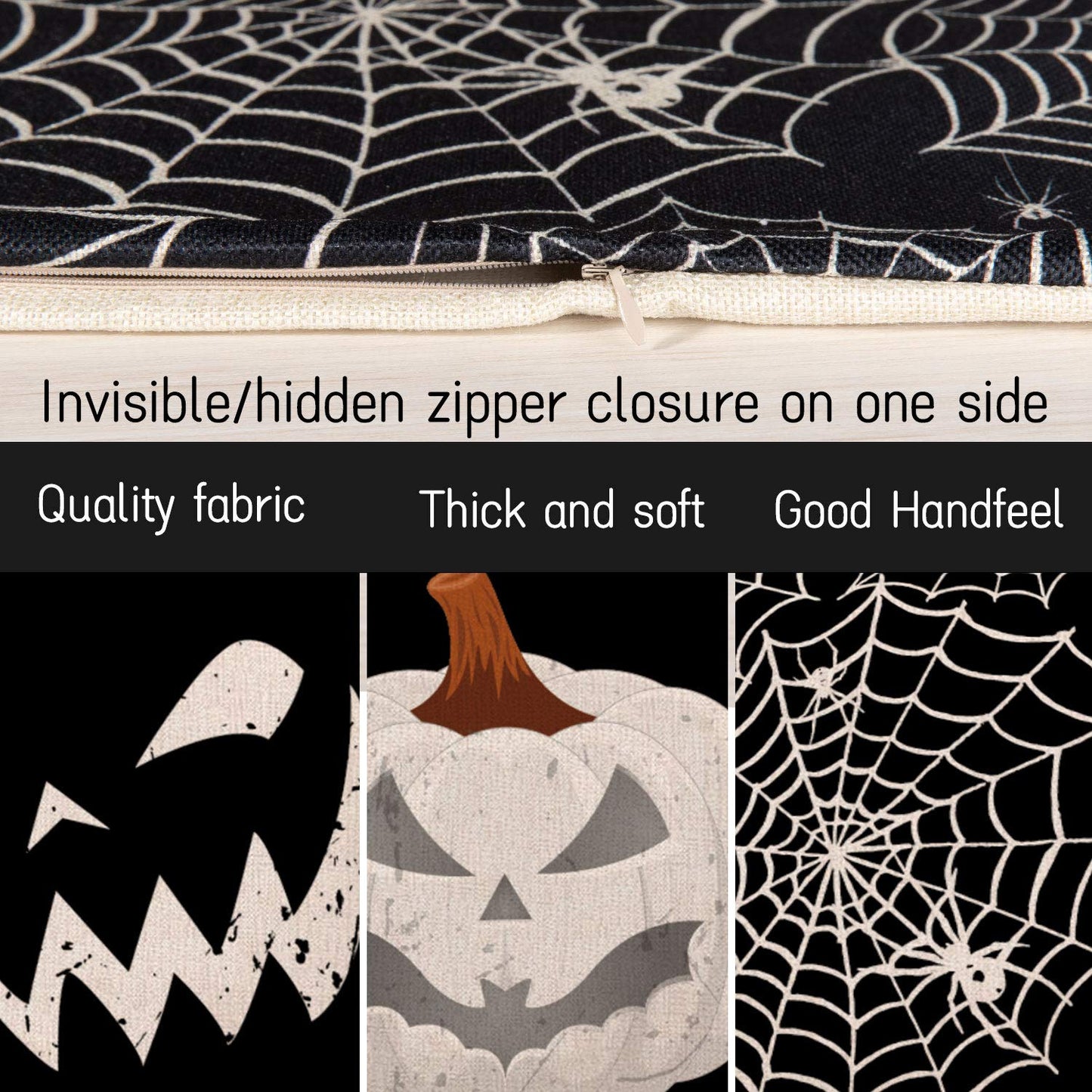 Whaline Happy Halloween Pillow Cover Pumpkin Spider Web Pillow Case Black Linen Throw Cushion Cover Cushion Cases for Home Office Halloween Sofa Bed Decoration, 18" x 18" (4Pcs)