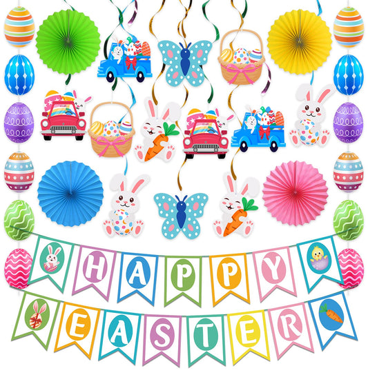 Easter Decorations Easter Decor Happy Easter Banner Egg Bunny Garland Hanging Swirl for Home Office School Classroom Themed Party Decorations