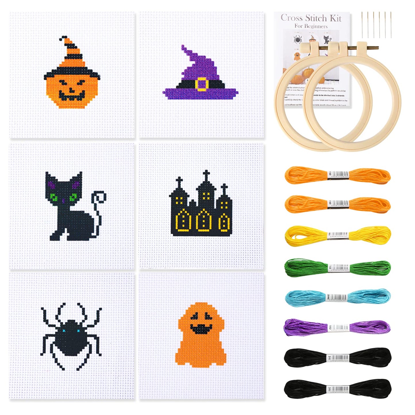 Pllieay Halloween Cross Stitch Beginner Kit for Kids 7-13, Includes 6pcs Project Cross Stitch Pattern and 2pcs Hoops, 8 Skeins, Needle Point Starter Kit Sewing Set with Instructions