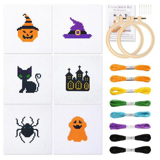Pllieay Halloween Cross Stitch Beginner Kit for Kids 7-13, Includes 6pcs Project Cross Stitch Pattern and 2pcs Hoops, 8 Skeins, Needle Point Starter Kit Sewing Set with Instructions