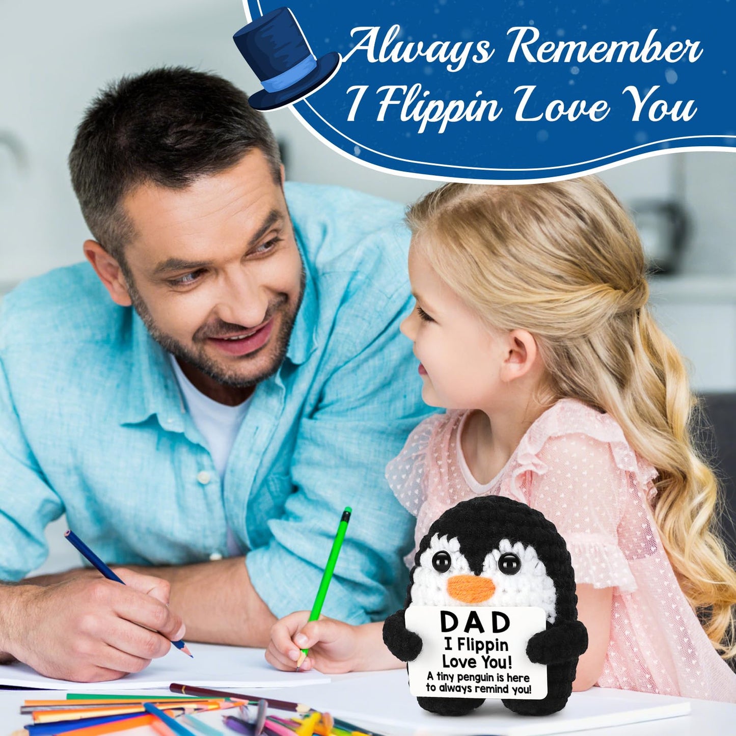 Fathers Day Dad Gifts from Daughter Son Birthday, Handmade Crochet Penguin Father's Day Dad Birthday Gifts, Mini Funny I Love You Gift for Dads Bonus Step Daddy Father Mens Positive Cute Decor