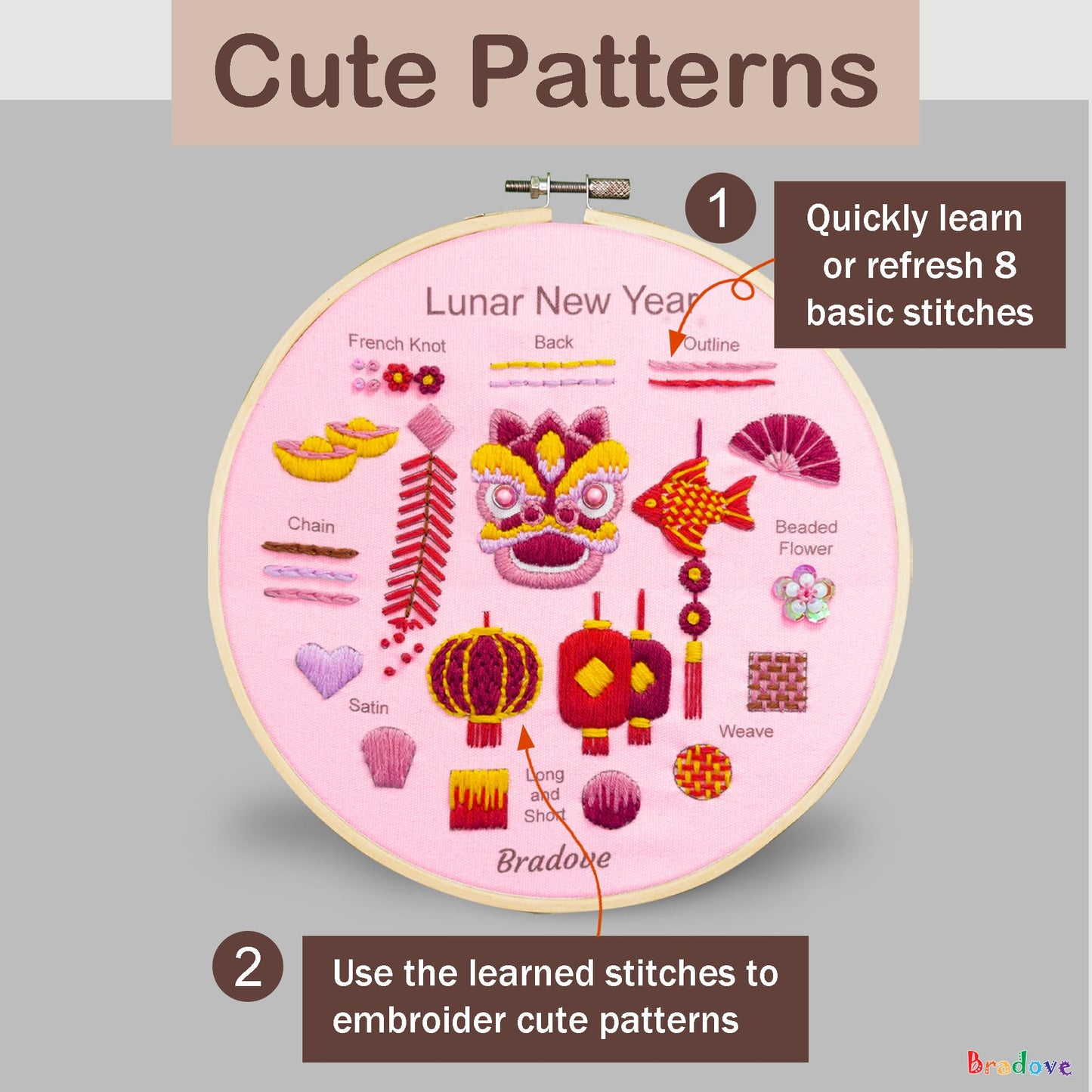 Bradove Lunar New Year Beginners Embroidery Kit for Adults Kids, Learn to Embroider Oriental Patterns, Stitches Kit, Bead Embroidery Kit, Beginner Embroidery Practice