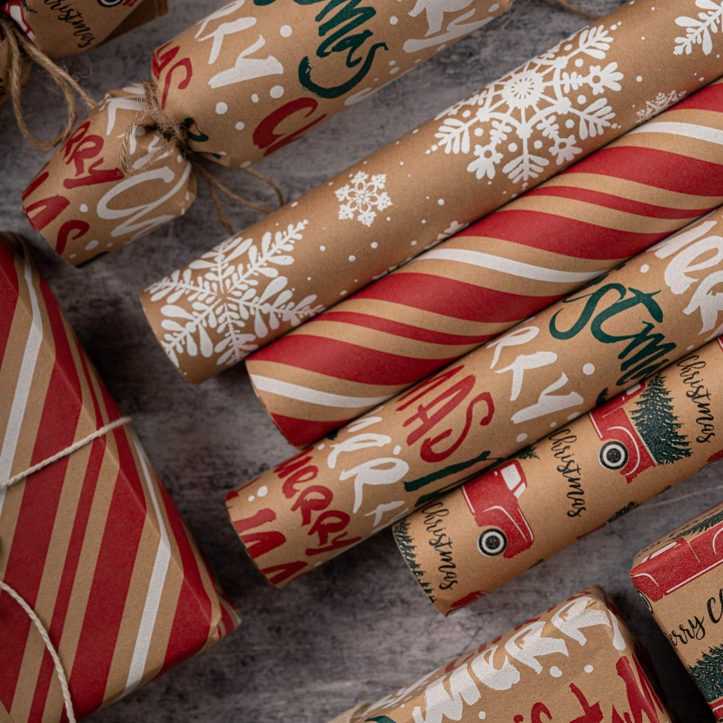 Wrapping Paper, Kraft Paper - Snowflakes, Car and Christmas Tree, Stripes and Merry Christmas - 4 Rolls - 30 inches x 10 feet per Roll