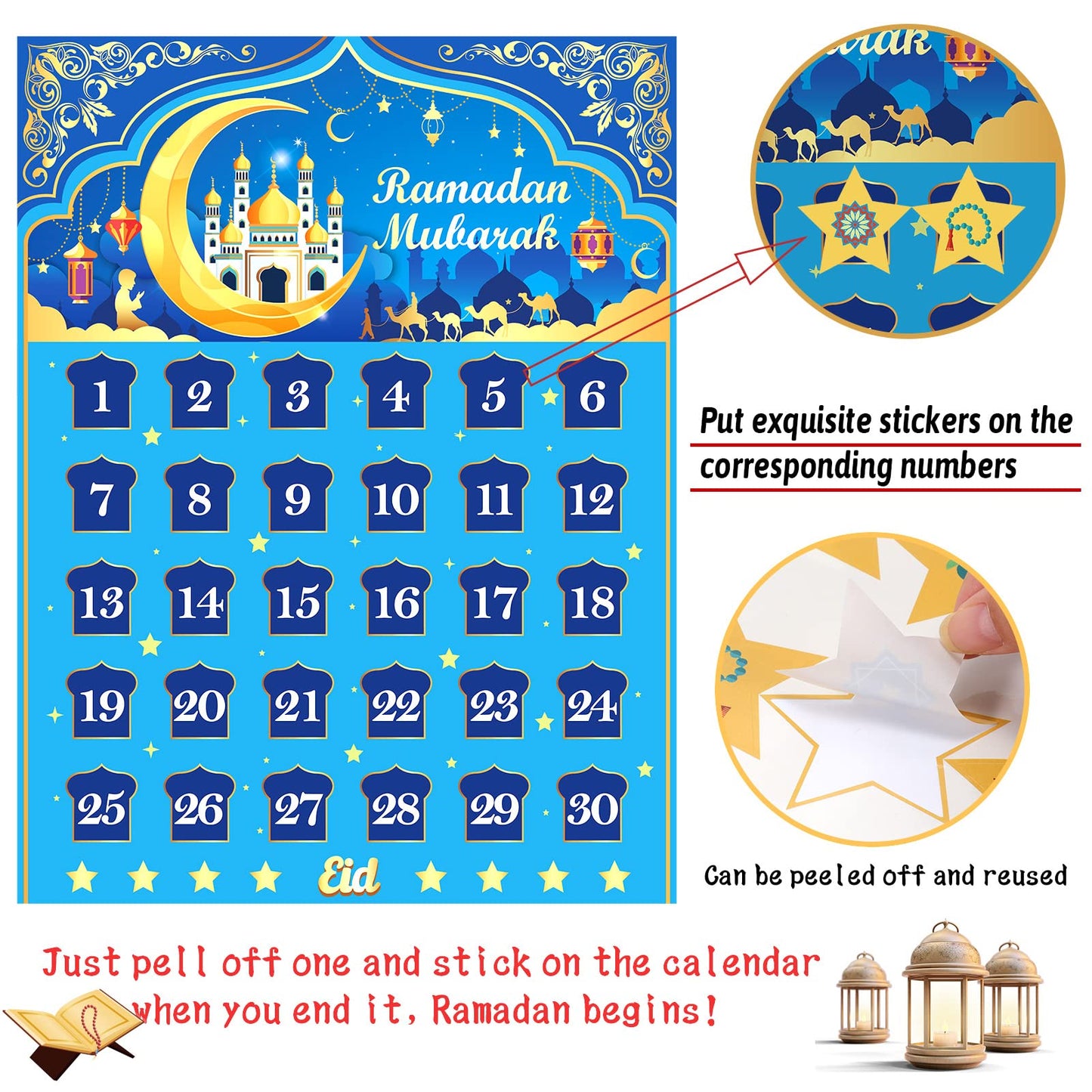 Ramadan Calendar, Eid Mubarak Calendar Countdown for Eid Party Supplies, Ramadan Advent Calendar Poster with 30 Countdown Star Stickers for Ramadan Mubarak Home Wall Decorations