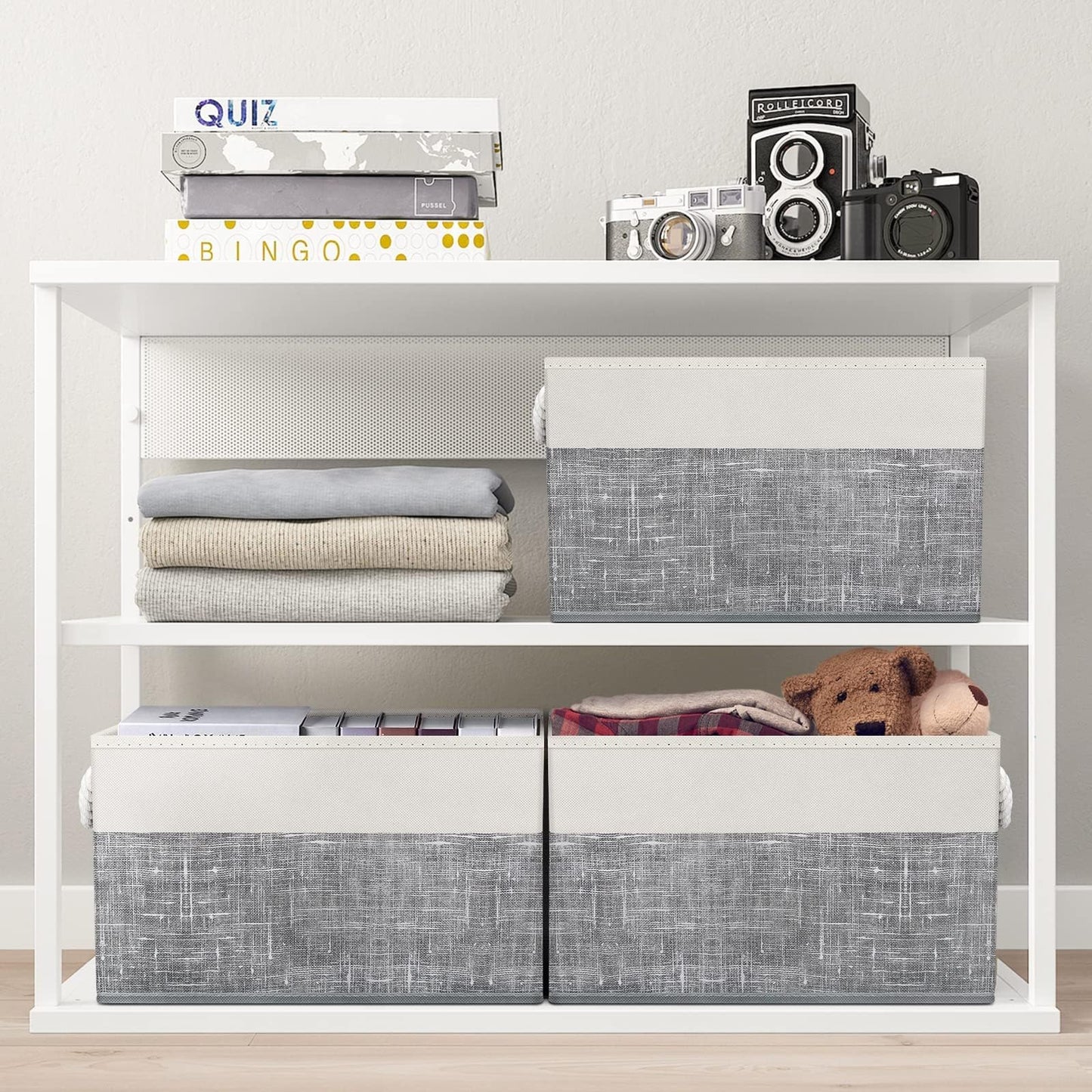 Fab totes Storage Bins [3-Pack], Foldable Storage Baskets for Organizing Toys, Books, Shelves, Closet, Large Storage Box with Rope Handles, Sturdy Organizer Bins, White & Grey
