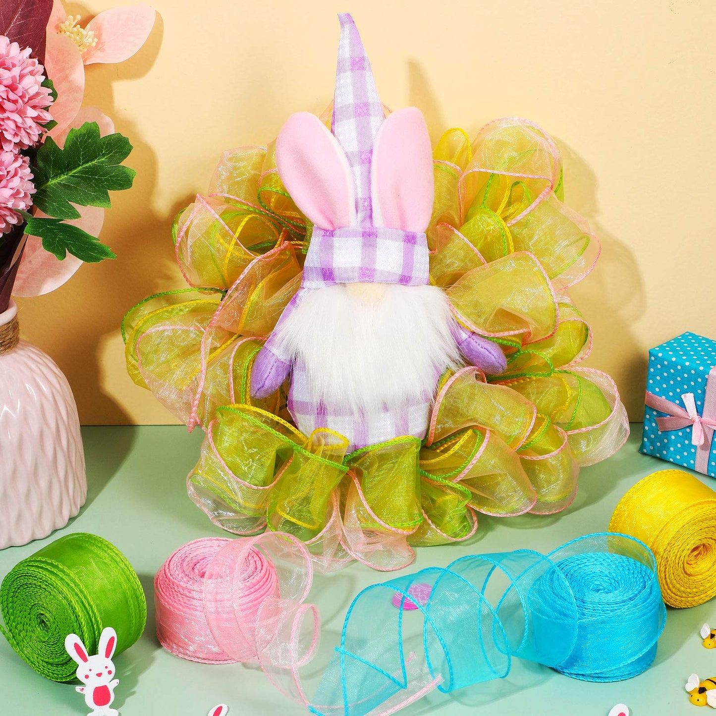 4 Rolls x 80 Yards Easter Sheer Organza Wired Ribbon, Chiffon Wired Ribbon for Wrapping Making Bows, Wreaths, Bouquet Wrapping, Decoration, DIY Crafts