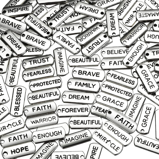 Hicarer 80 Pieces Word Charms Pendants Engraved Motivational Jewelry Making Accessories for DIY Necklaces, Bracelets, Key Chains(Silver)