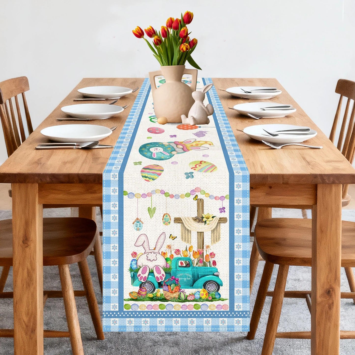 Bonsai Tree Easter Table Runner 72 Inches Long, Easter Bunny Eggs Table Runners Spring for Party Home Dinner Decor
