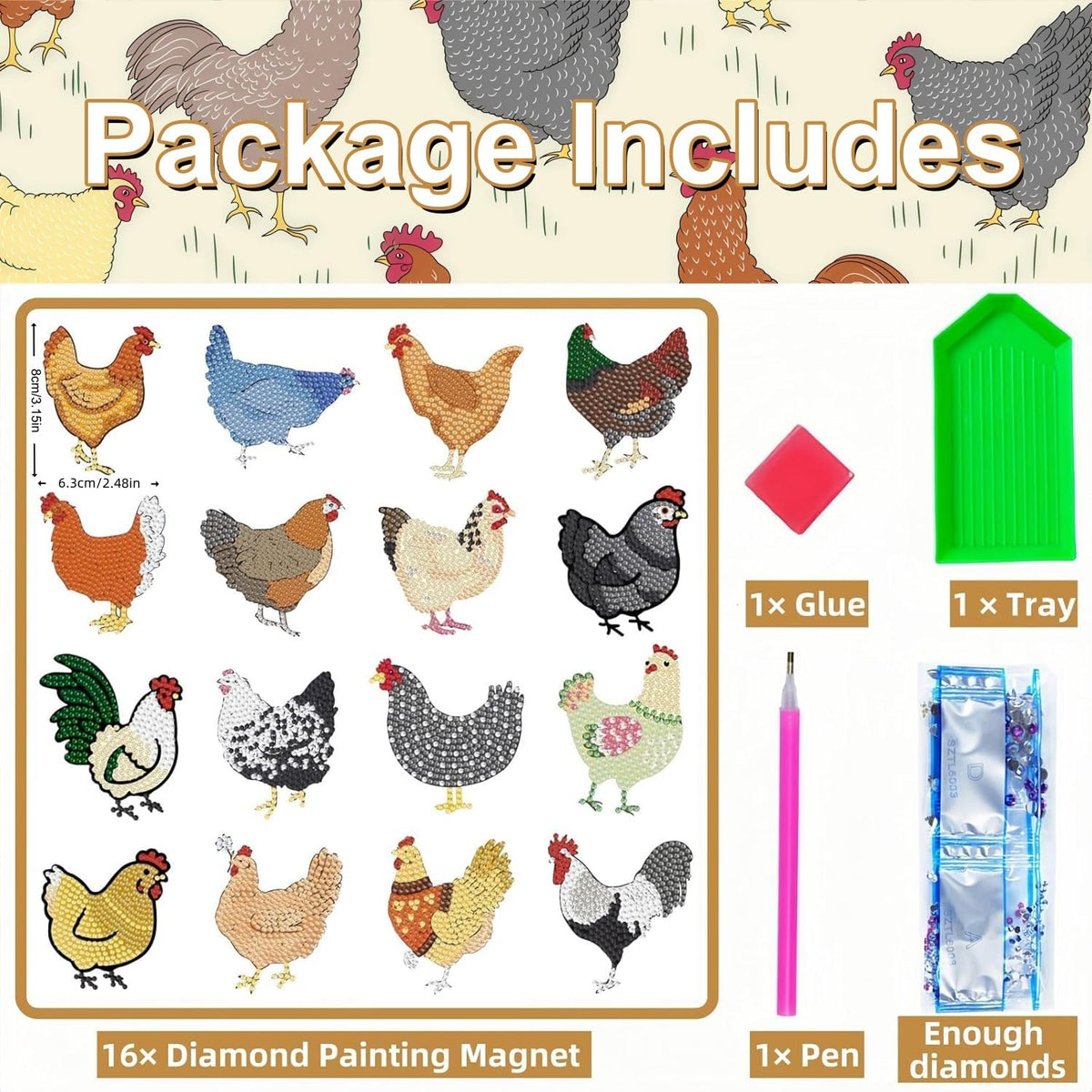16 Pcs Chicken Diamond Painting Magnets Kits Diamond Art Fridge Magnet Refrigerator Sticker Diamond Painting kit for Beginners Adults DIY Art Craft Gifts Home Decors