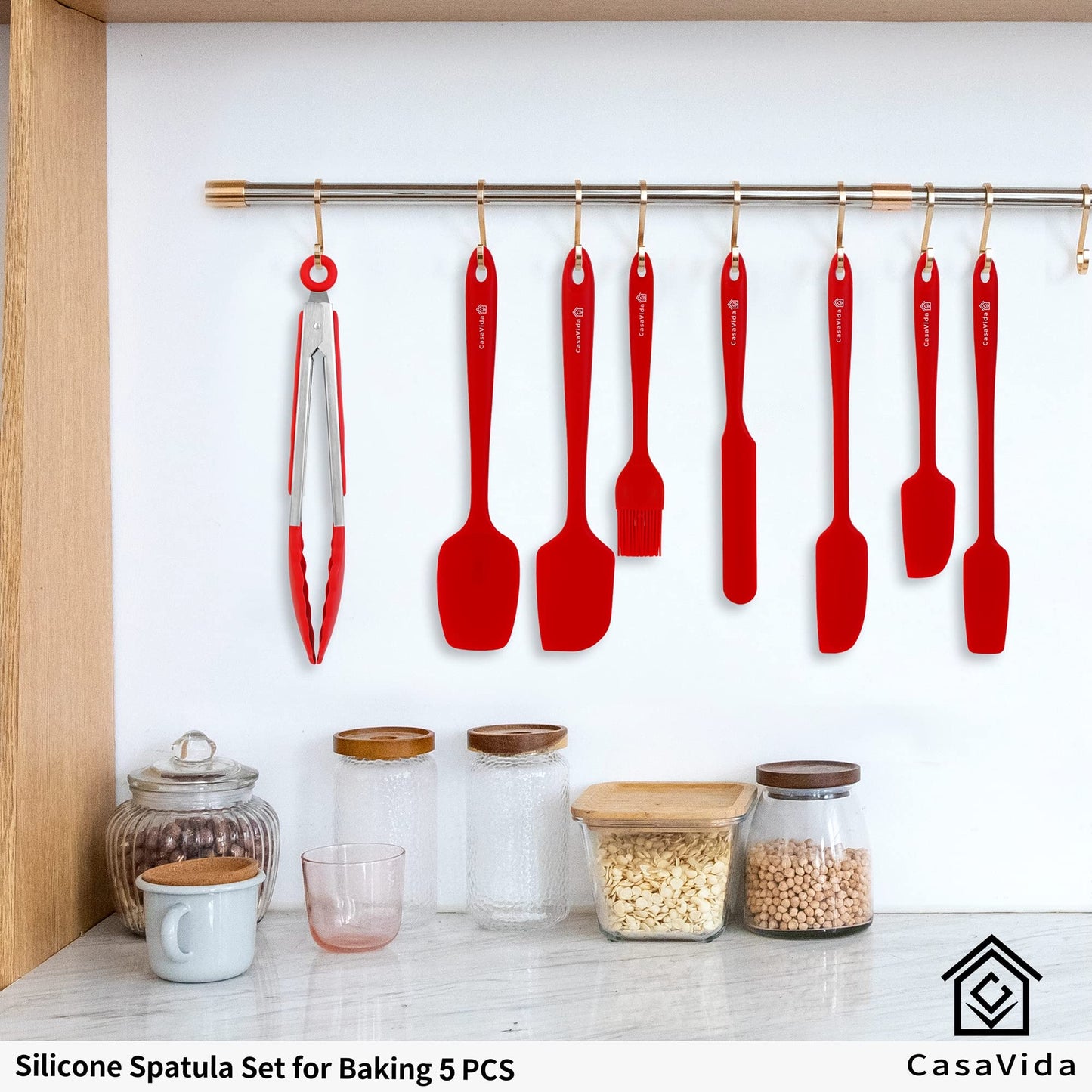 CasaVida Silicone Spatula Set 5pcs Red High Heat Resistant Non Stick Bakery Flexible BPA Free Dishwasher Safe Kitchen Utensils Bakeware Cookware Baking Mixing One-piece Seamless Spatula Set