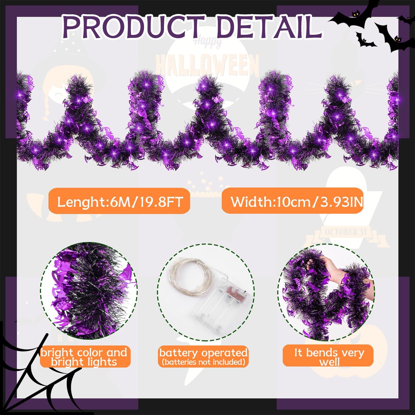 20FT/6M Halloween Tinsel Garland with LED Lights Metallic Twist Tinsel Garland Battery Operted Lighted Foil Hanging Decoration for Halloween Party Decoration Supply