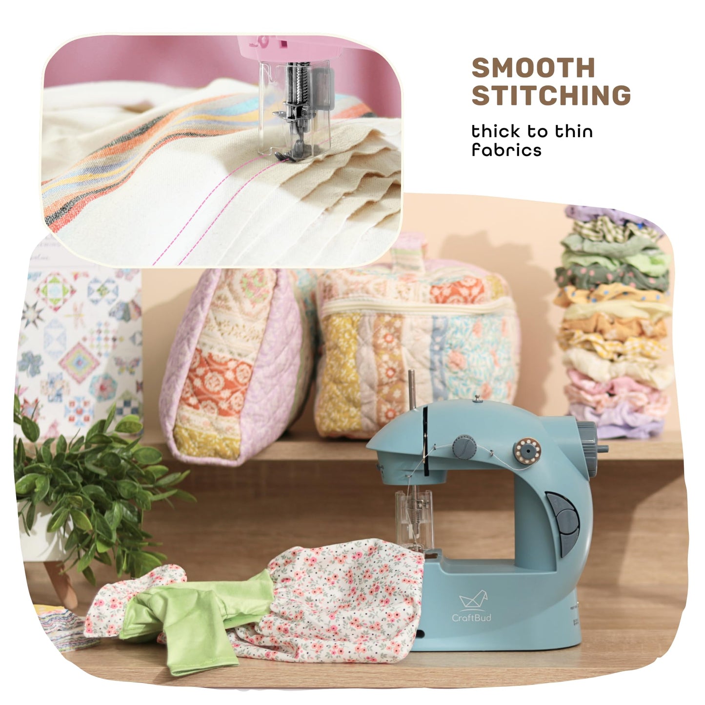 CraftBud Mini Sewing Machine for Beginners, Dual Speed Small Portable Sewing Machine for Kids and Adults with Extension Table, 122 Piece Gift Set Includes, Fabrics, Projects Book, Light and More, Blue