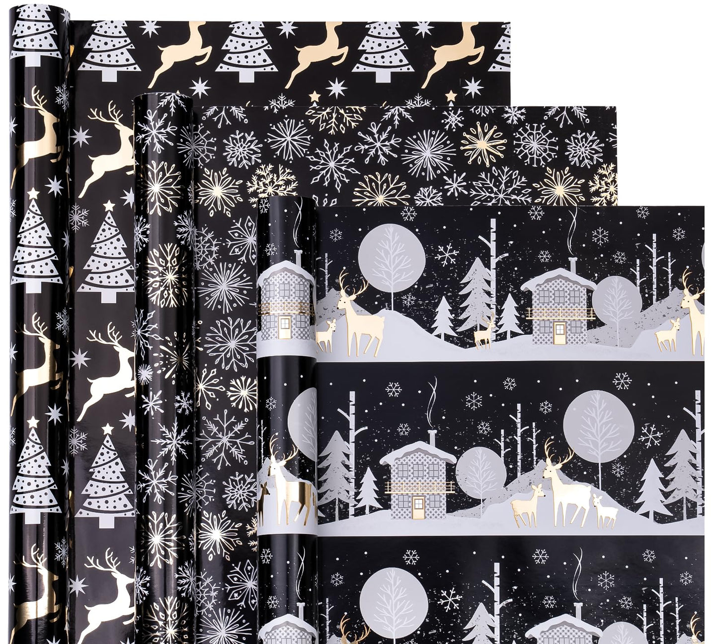 Christmas Wrapping Paper Roll - Mini Roll - 3 Rolls - 17 Inch X 120 Inch Per Roll - Black and Gold Reindeer Family, Snowflake Holiday Collection with Metallic Foil Shine