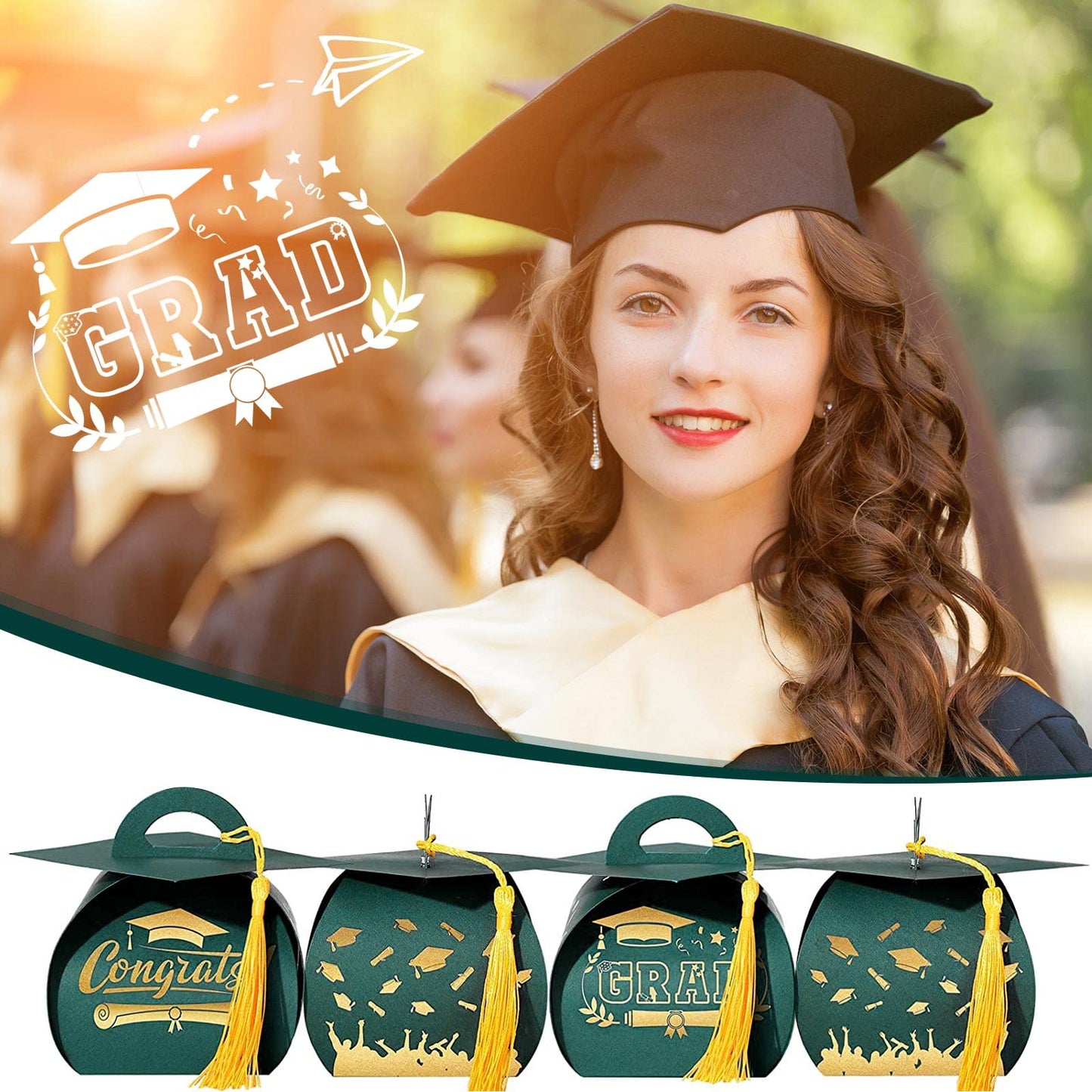 Spakon 30 Pcs Graduation Cap Gift Box Graduation Party Favors Candy Boxes Treat Box with Tassel Table Centerpieces Class of 2026 Grad Decorations(Green, Gold)