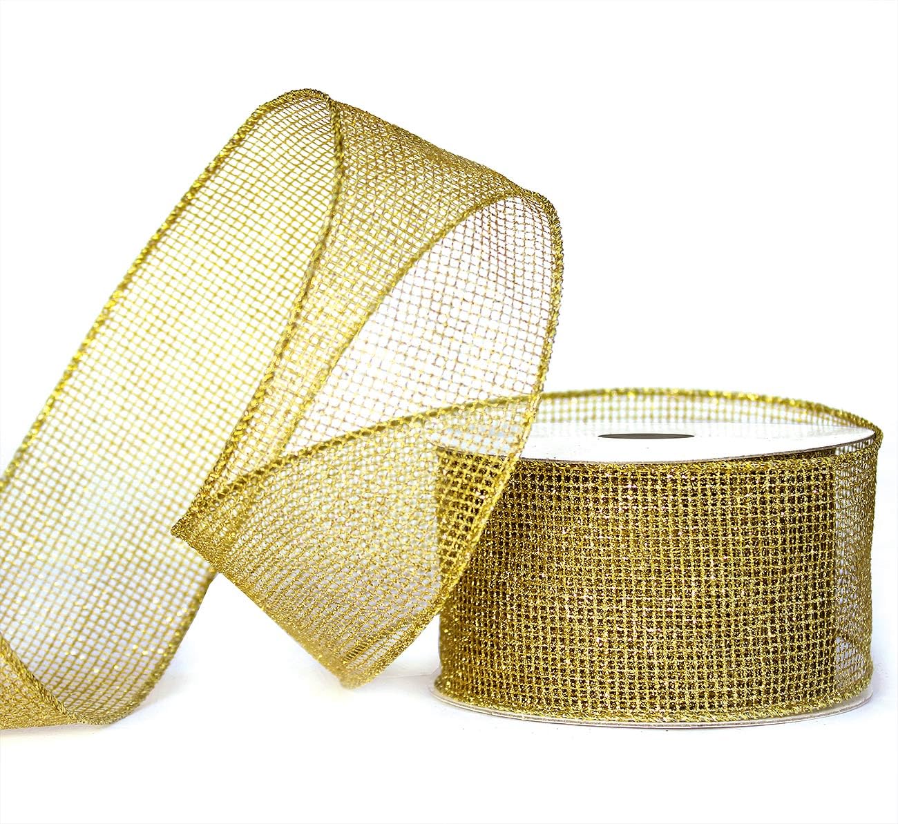 Gold Ribbon Wired Easter Ribbons for Baskets 2.5 Inch 6 Rolls 36 Yards Burlap Basket Organza Sheer Mesh Metallic Glitter Crafts Decorating Gift Wrapping Bows Wrap Bow Christmas Tree Topper Wreath