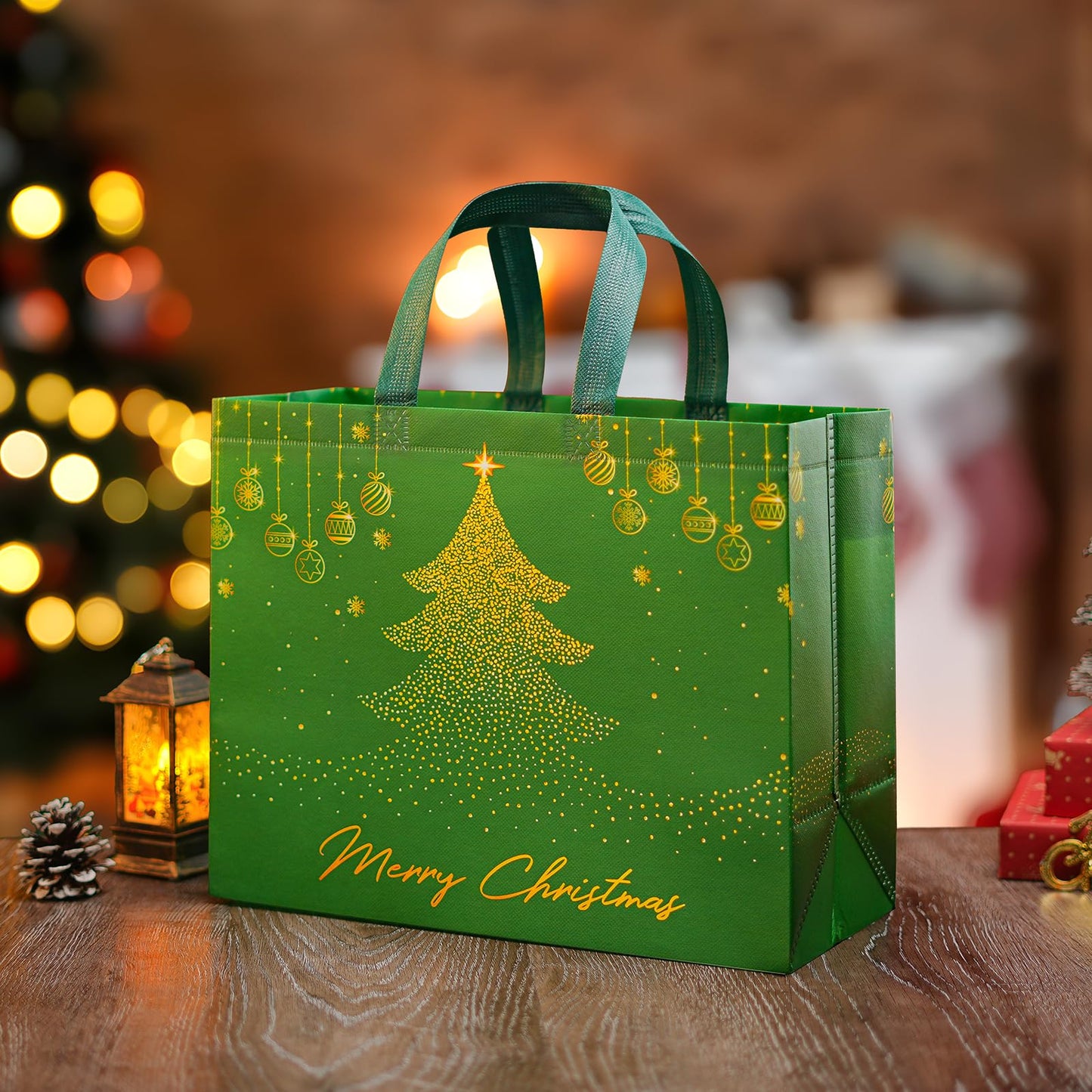 2 Pack 13" Large Christmas Gift Bags with Tissue Paper, Reusable Non-Woven Christmas Bag with Handles for Holiday Presents Wrapping, Holiday Tote Bags for Gifts Wrapping Xmas Party Favors