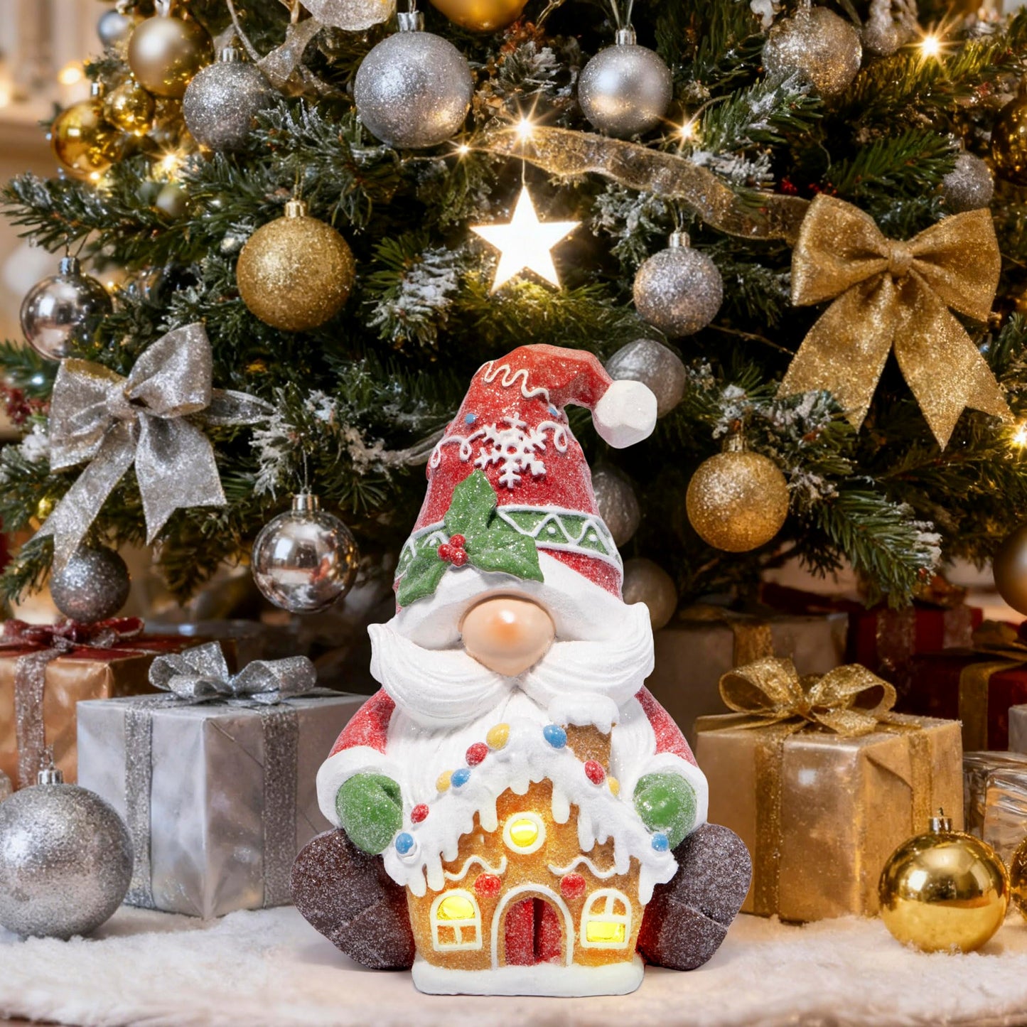 Christmas Gnome Figurine with Gingerbread House | Holiday Elf Decoration with Santa Beard, Snowflake Hat – Christmas Tabletop Ornament for Home, Fireplace Mantel & Holiday Decor