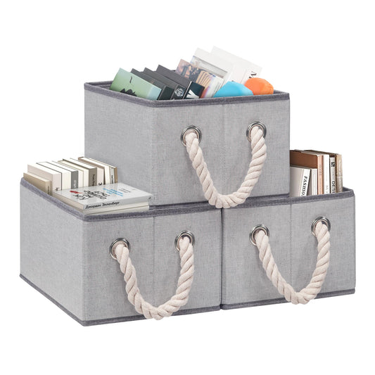 STORAGEIDEAS Collapsible Storage Bins Cubes With Handles, Decorative Storage Baskets For Shelves Organizing, Sturdy Organizers Storage Boxes for Closet, Cloth, Toys, Books,Pantry, 3 Pack, Gray, Medium