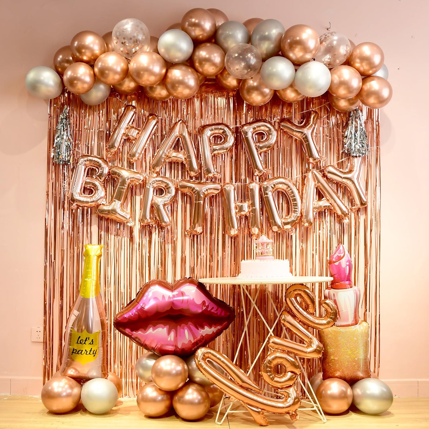 Rose Gold birthday decorations for women ，happy birthday party decorations for girls，Rose Gold Fringe Curtain，happy birthday banner， balloon letters