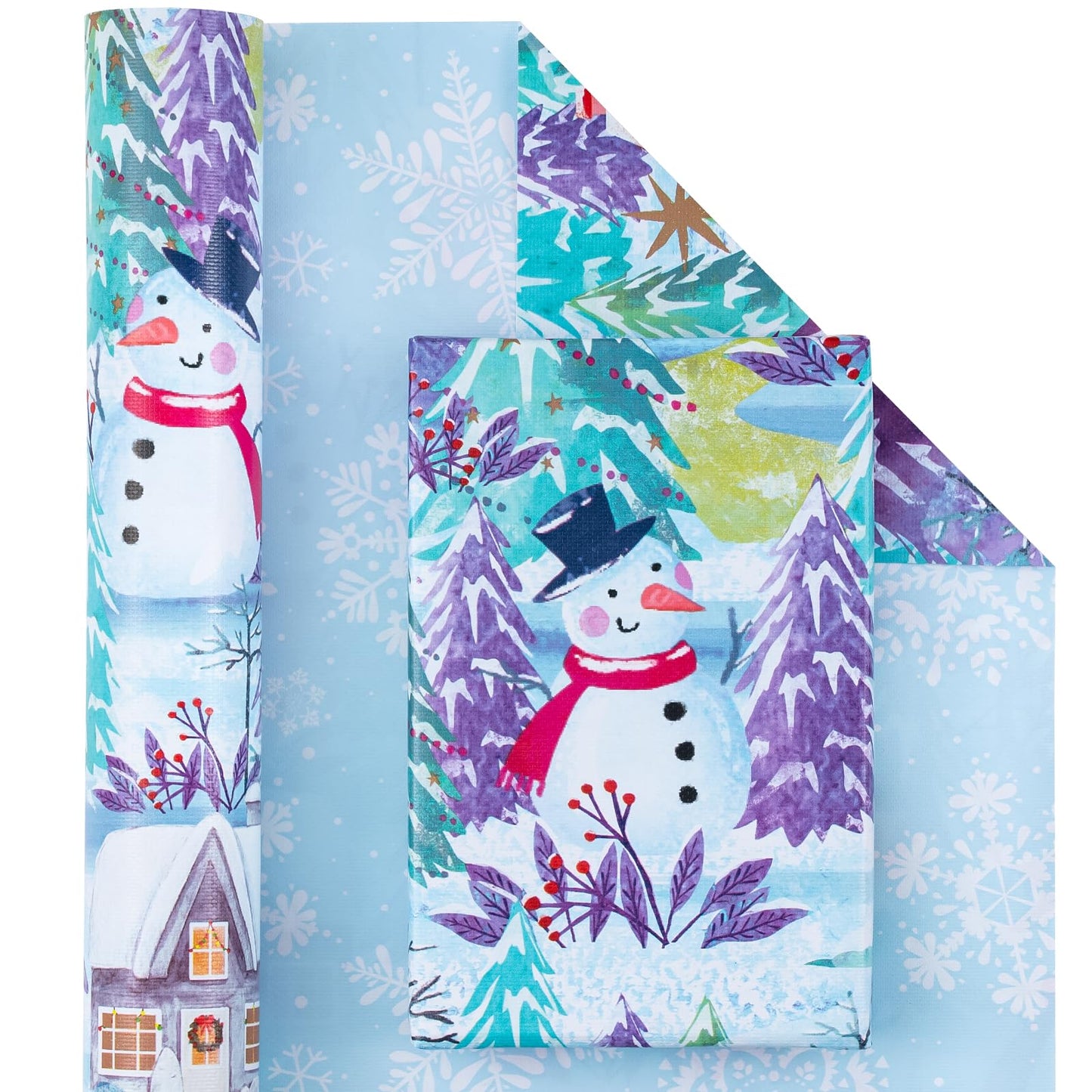 Reversible Christmas Wrapping Paper - Mini Roll - 17 Inch x 33 Feet - Snowman and Snowflake Wrapping Paper with Embossed for Christmas, Holiday, Party