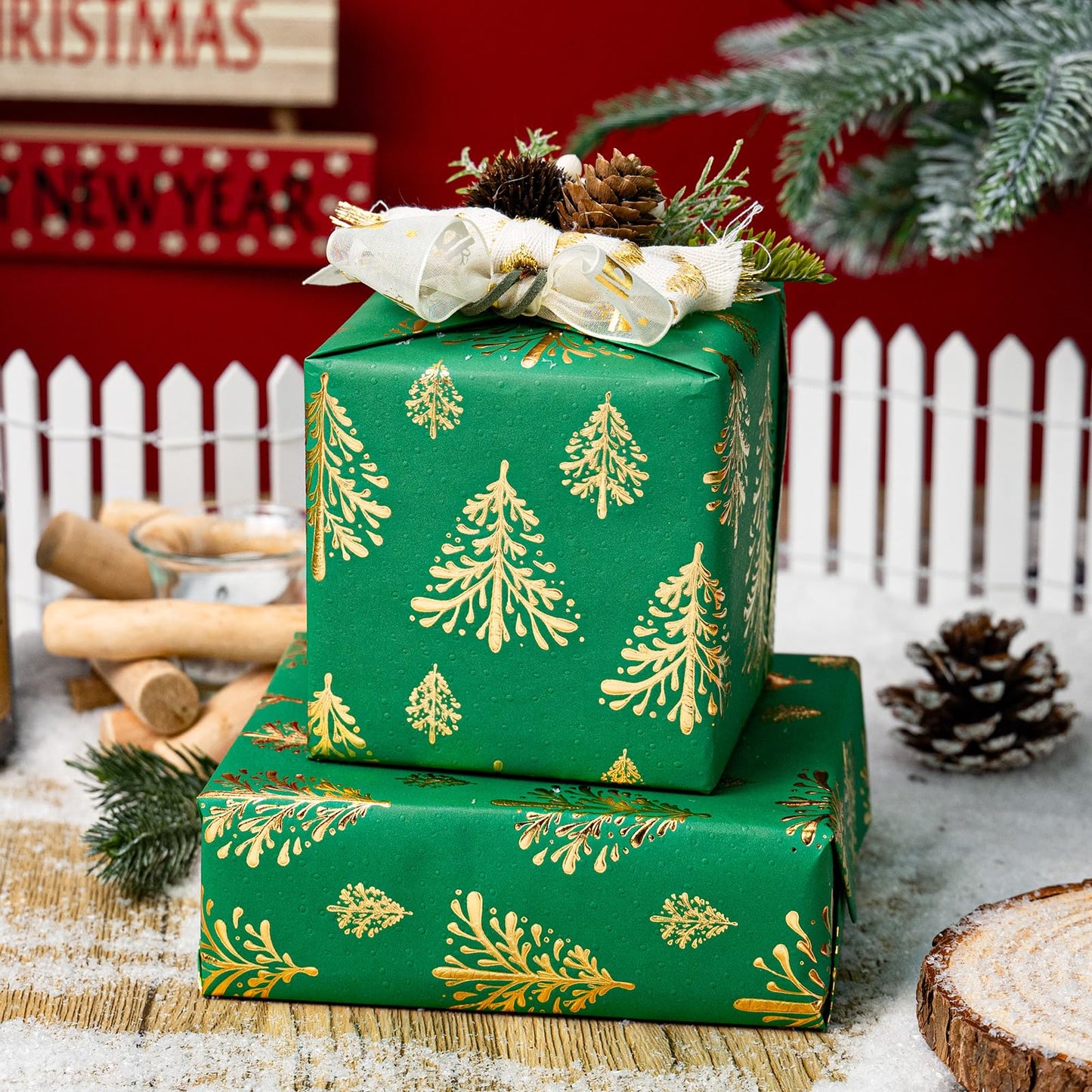 Kraft Christmas Wrapping Paper, Green 3D Embossed Gold Foil Christmas Pine Tree with Woodlands Wrap Paper for Holiday, Party,Celebration, New Year (17 Inch X 32.8 Feet)