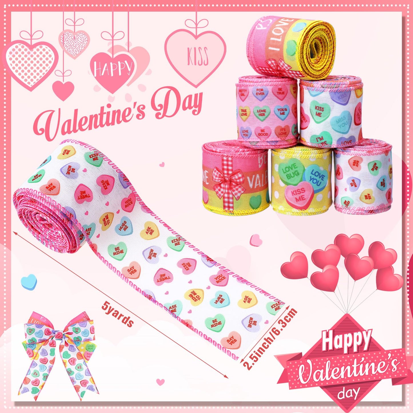6 Rolls 30 Yards Valentine's Day Ribbons Conversation Heart Wired Wrapping Crafts Valentine Edge Ribbon Wreath Decorations for Gift Wrap DIY Crafts Wedding Birthday Party Decoration