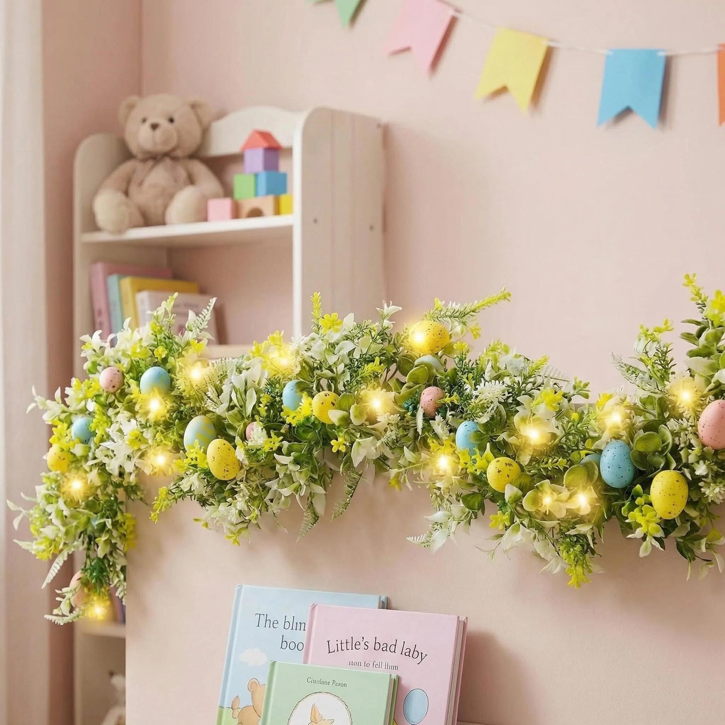 6FT Lighted Easter Egg Garland, Battery Operated Spring Garland with Warm White LED Lights, Easter Decorations for Fireplace Mantel, Door, Indoor & Outdoor Holiday Decor