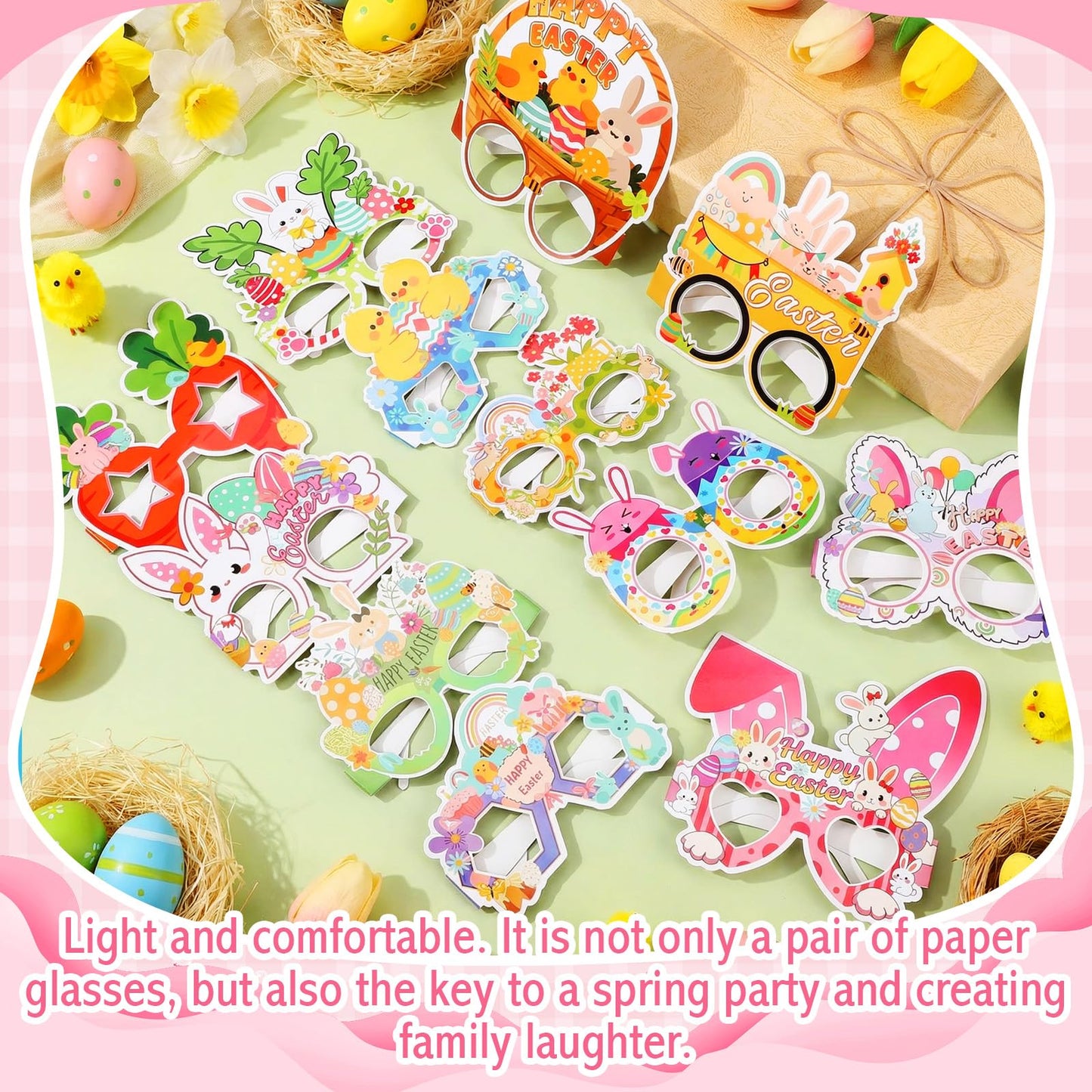 36 Pcs Happy Easter Party Paper Glasses Frame Bulk 7 Inch Easter Glasses Bunny Ears Chick Eggs Decoration Photo Booth Props Basket Stuffers for Adult Eyeglasses Party Favor
