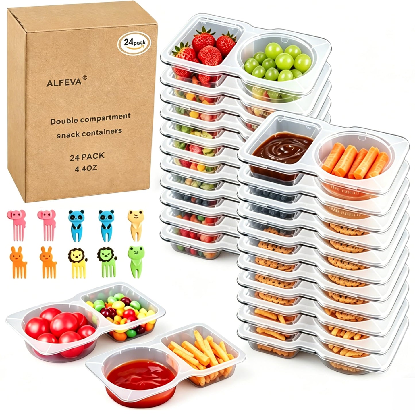 ALFEVA 24 Pcs Reusable Snack Containers with Lids Portion control, Meal Prep Containers for Kids adults On the Go Meals, 10 Forks, Lunchable Snack Pack Containers for Travel - Camping Essentials
