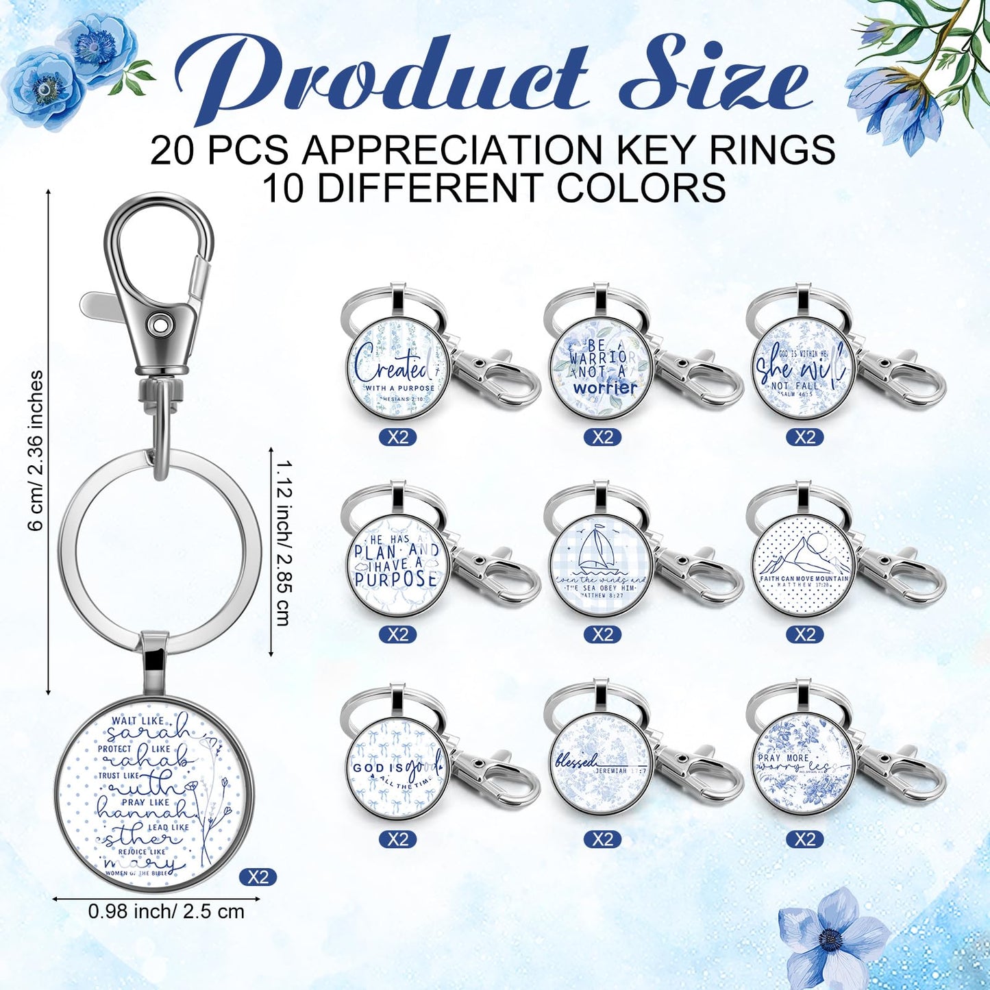 Fumete Mothers Day Gift for Women Bulk Keychain Bible Verse Religious Keychain Scripture Inspirational Gift for Church Member(20 Pcs,Blue White Watercolor)
