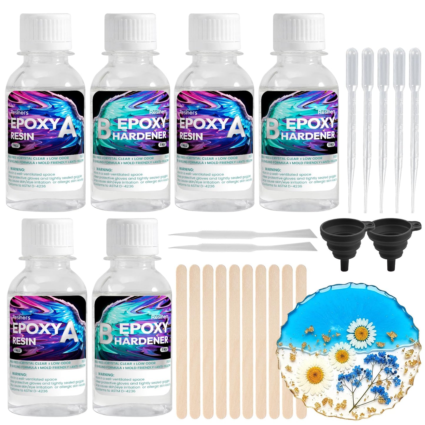Epoxy Resin, Resiners 20.28OZ Epoxy Resin Crystal Clear, Not-Yellowing No-Bubble, Self Leveling Easy-Pour Easy Mix 1:1 Casting Kit & Coating for DIY Jewelry Making, Art Resina Clear Crafts, Molds