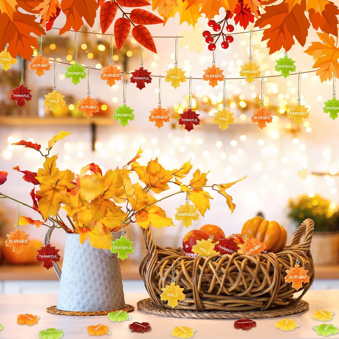 48Pcs Glitter Fall Maple Leaf Ornaments Resin Thanksgiving Hanging Ornaments for Small Tree Autumn Harvest Hanging Pendants Charms with String for Party Favors Home Table Wall Decor