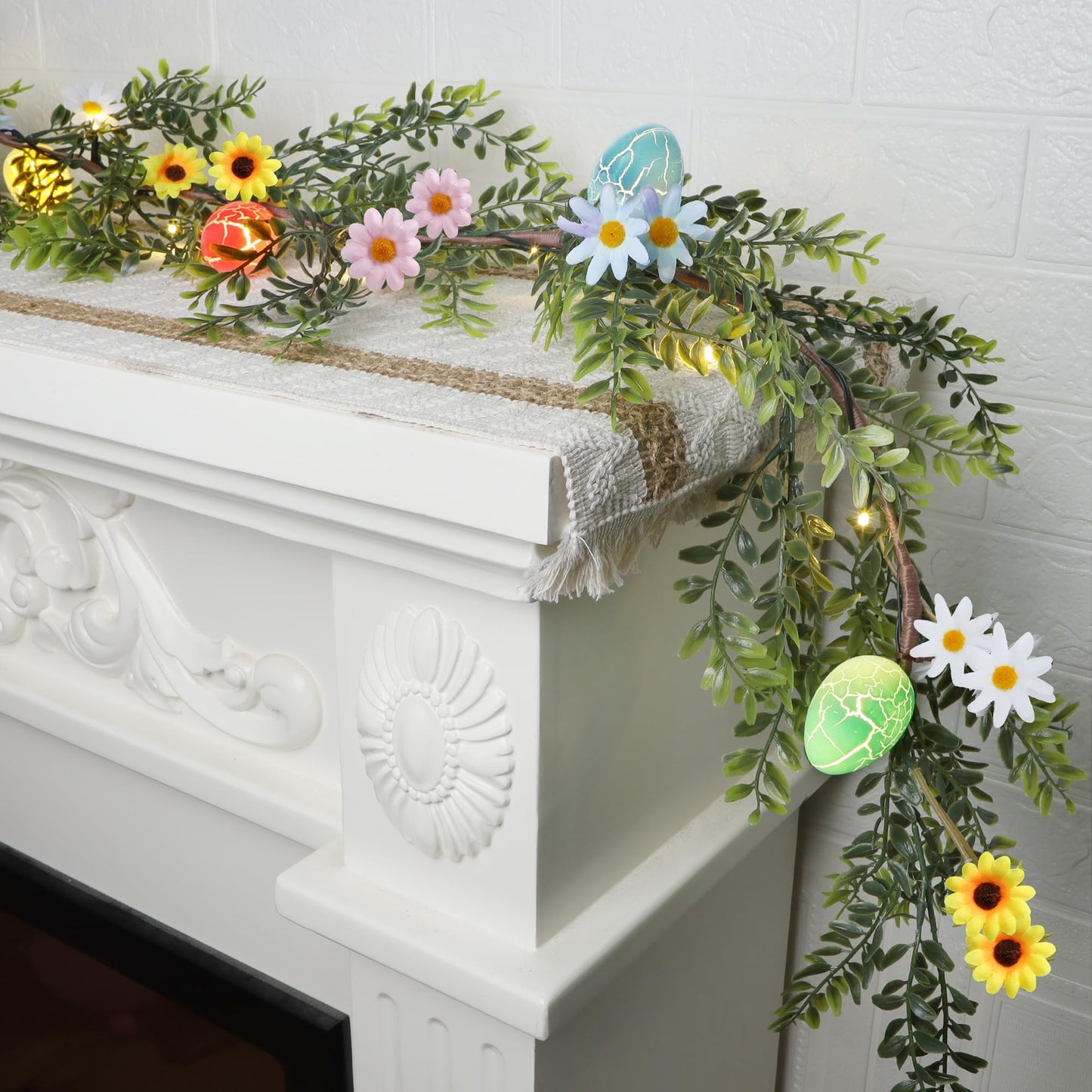 Easter Garland Decor, 6.5 FT LED Lighted Garland with Easter Eggs & Flowers, Spring Floral Decoration for Fireplace, Mantle, Table & Indoor Home Decor