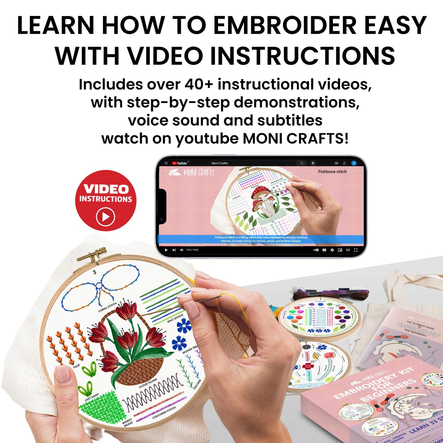 Moni Crafts Adult Beginner Embroidery Kit – 4 Pre-Printed Patterns (Flower, Mushroom, Floral, Heart) – Learn 41 Stitches, Hand Embroidery Starter Craft Set