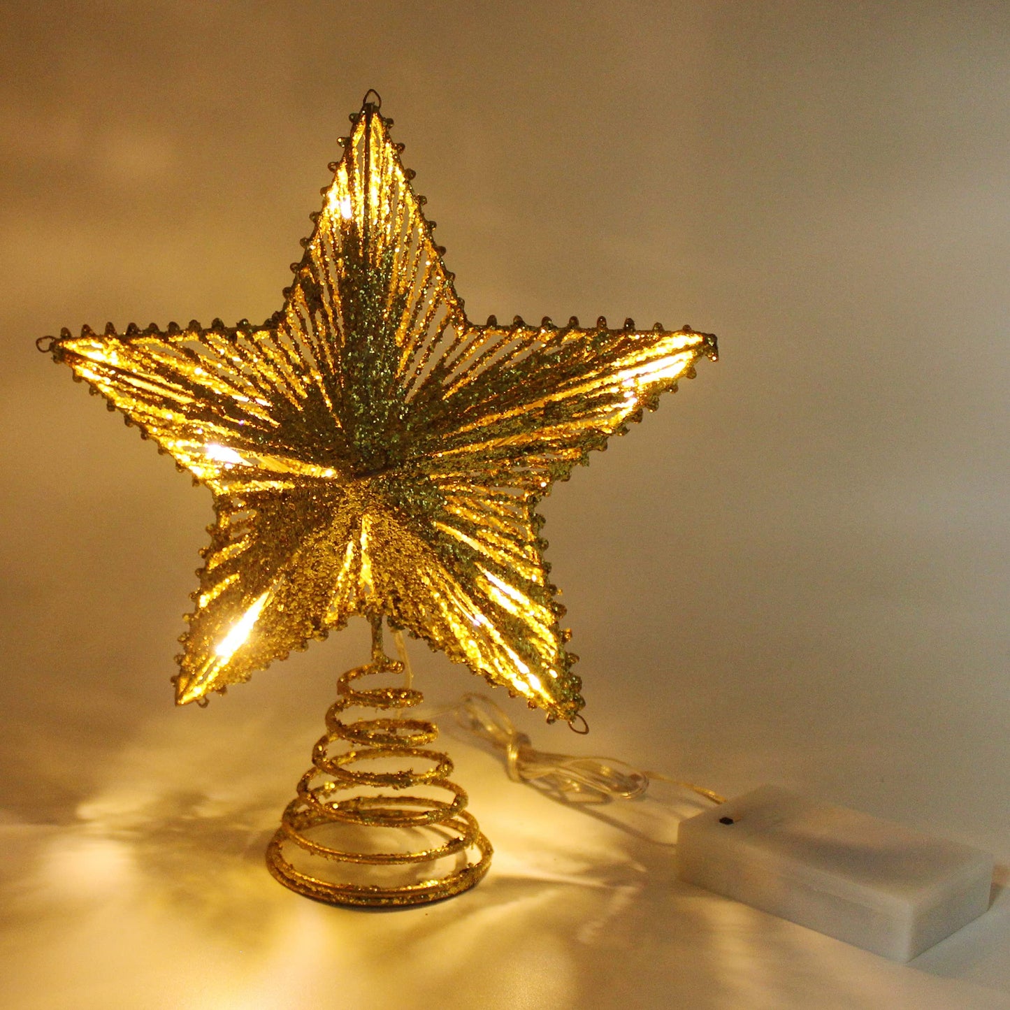 CVHOMEDECO. Gold Glittered 3D Tree Top Star with Warm White LED Lights and Timer for Christmas Tree Decoration and Holiday Seasonal Décor, 8 x 10 Inch
