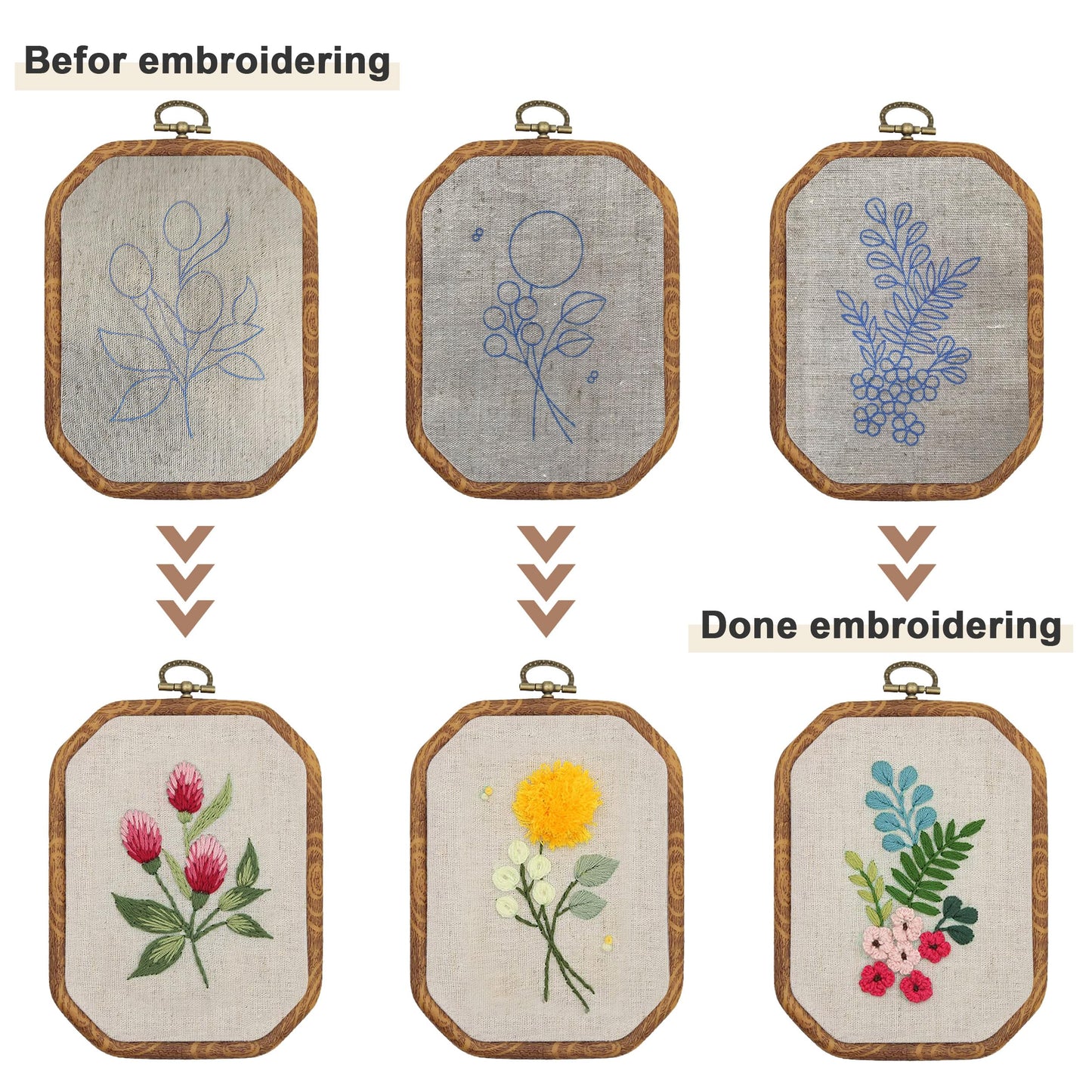 Maydear 3 Pack Embroidery Starter Kit with Pattern, Stamped Cross Stitch Kits for Beginners Adults with Embroidery Hoop and Instructions, Hand Embroidery Kit (B Set Embroidery Starter Kit)